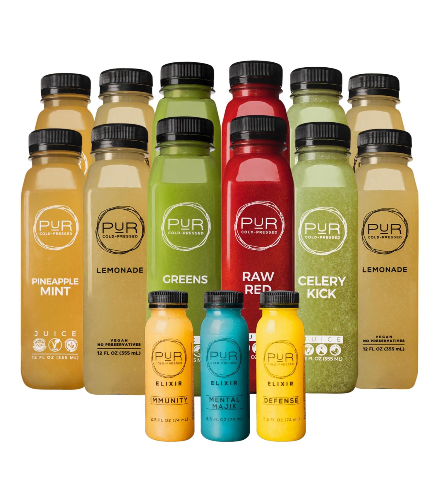PUR Cold-Pressed Juice CUR Juice Cleanse with Wellness Shots Supports Digestion Immunity & Energy Greens Lemonade Celery Kick & More 12 Bottles & 6 Functional Shots - Buy Online on GoSupps.com
