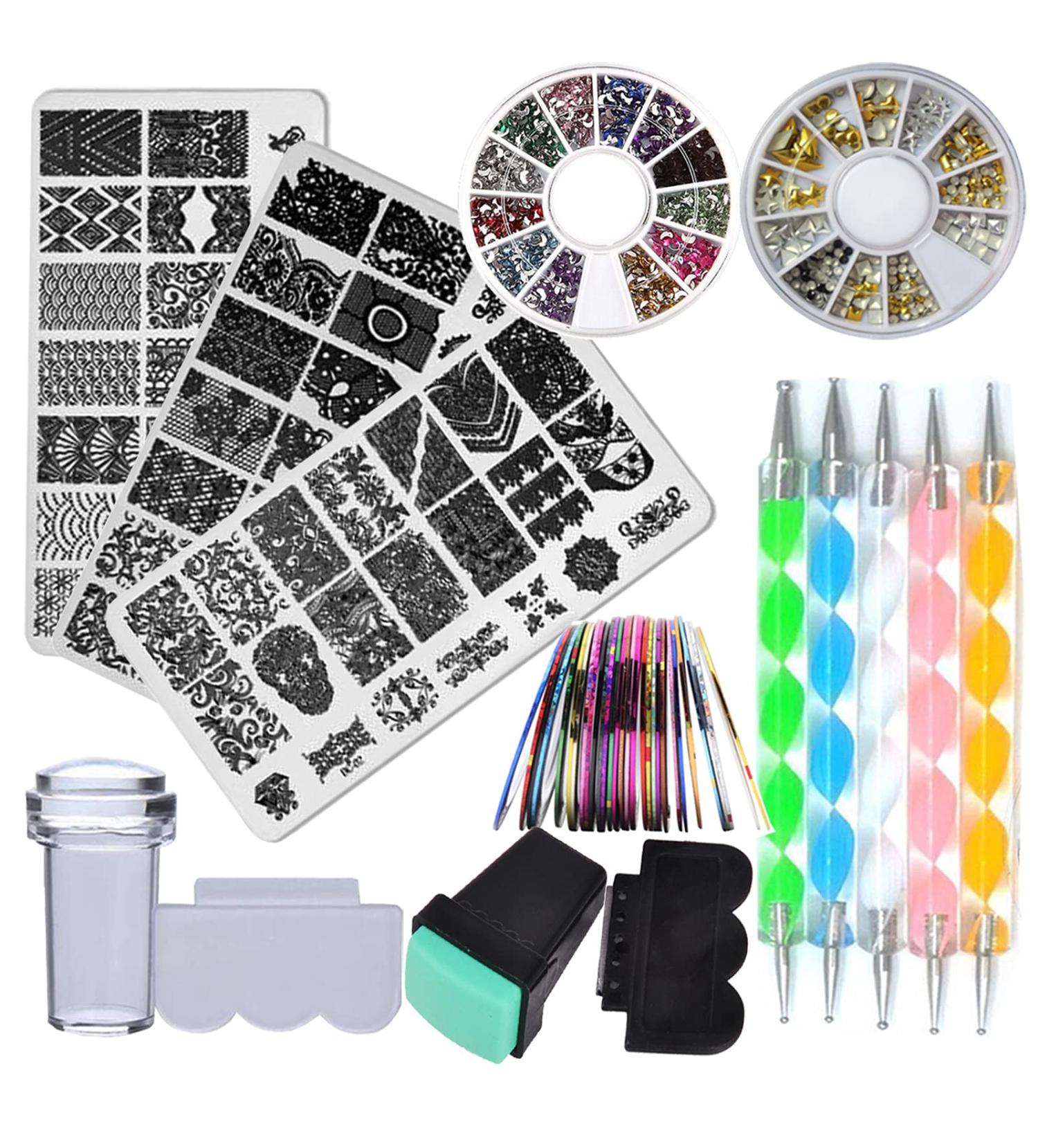 Floral & Geometric Nail Art Stamping Kit with Rhinestones & Mandala Dotting Pen - Manicure DIY Set - Buy Online on GoSupps.com