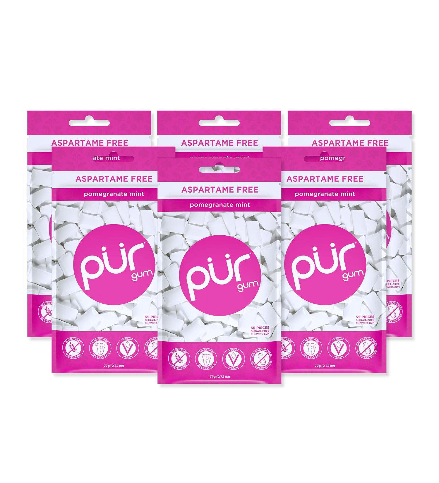 PUR Gum | Sugar-Free Vegan Chewing Gum | 100% Xylitol | Aspartame-Free Gluten-Free Diabetic-Friendly | Pomegranate Mint Flavor | 55 Pieces (6-Pack) - Buy Online on GoSupps.com