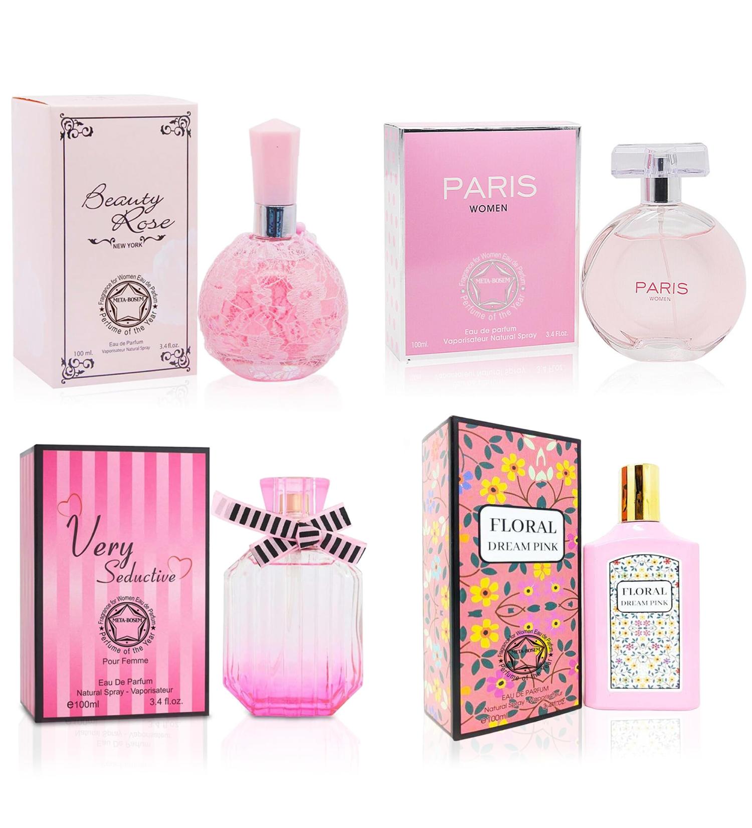 META-BOSEM 4-Pc Pink Perfume Collection (Beautiful Rosy+Paris for Women+Very Sexy+Spring Blom) Eau de Parfum Natural Spray - Floral Scent Each 3.4 Fl Oz Total 13.60 Oz - Buy Online on GoSupps.com