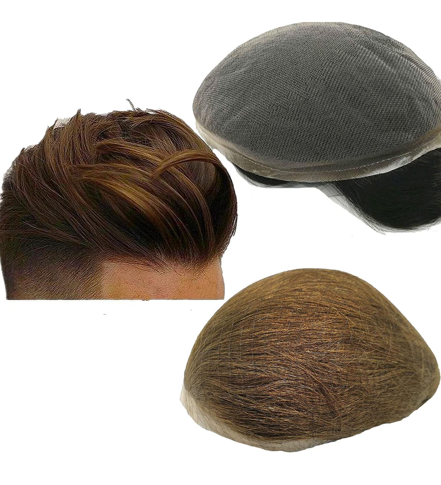 Real Hair Toupet for Men | NLW Men's Real Hair Replacement System | European Natural Wig | Breathable Swiss Top Hair Part | #4 Medium Brown - Buy Online on GoSupps.com