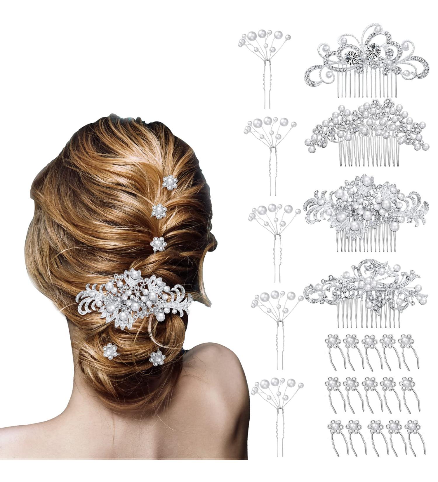 Wedding Hair Comb Set - 24 Piece Faux Pearl Crystal Accessories for Bride & Bridesmaid - Buy Online on GoSupps.com