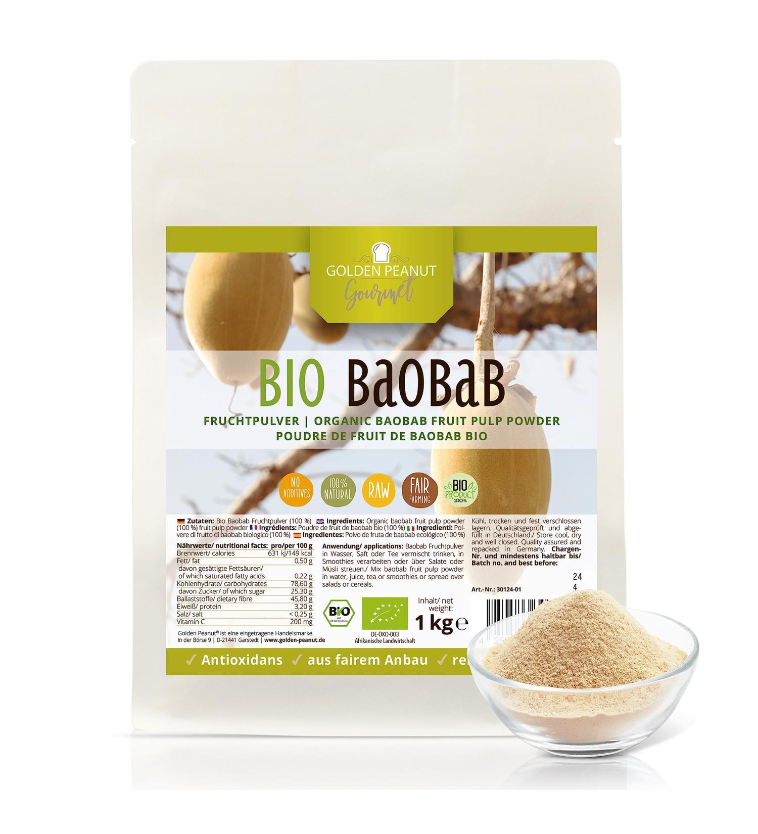 GOLDEN PEANUT Gourmet Organic Baobab Fruit Powder 1 kg - 100% Pure Raw Food for Baking Smoothies & Muesli - Organic Superfood for International Shipping - Buy Online on GoSupps.com