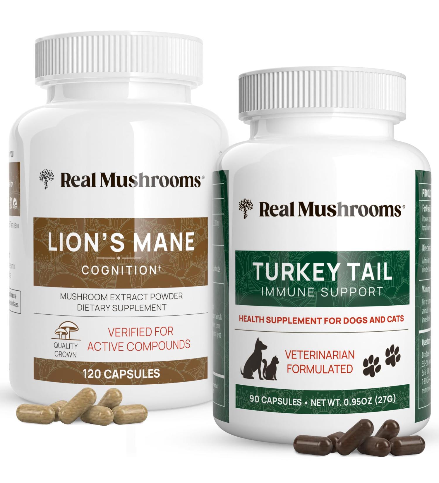 Real Mushrooms Lions Mane for Humans (120ct) & Turkey Tail for Pets (90ct) - Bundle for Cognition and Immunity - Vegan Non-GMO Grain-Free Gluten-Free Mushroom Extract Capsules - Buy Online on GoSupps.com