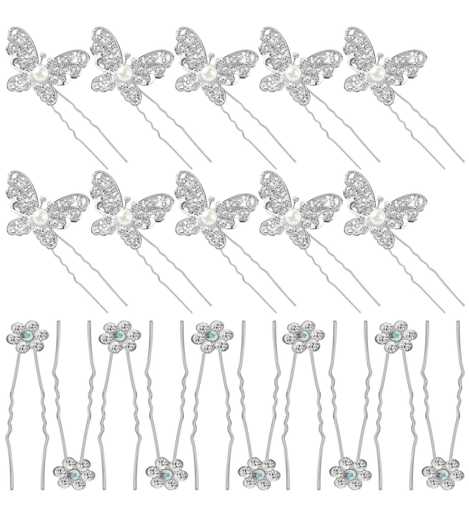 OIIKI 20 PCS Wedding Bridal Hair Pins - Pearl Butterfly & Rhinestone Flower U Shape Clips for Women & Girls - Buy Online on GoSupps.com