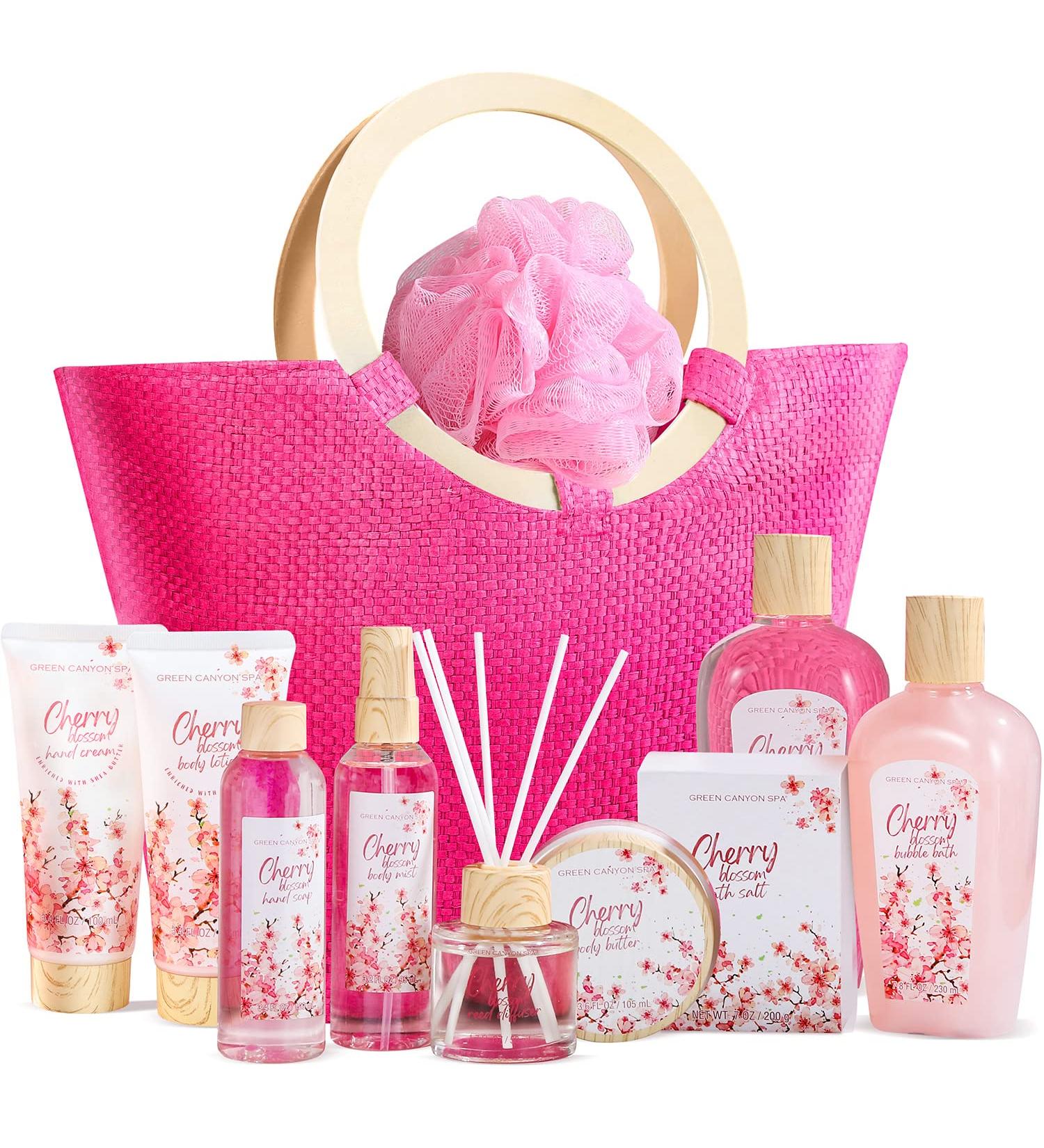 Cherry Blossom Spa Gift Set for Women - 11pcs Bath & Relaxation Basket | Shower Gel, Body Lotion, Reed Diffuser | Holiday, Birthday, Anniversary Gift - Buy Online on GoSupps.com