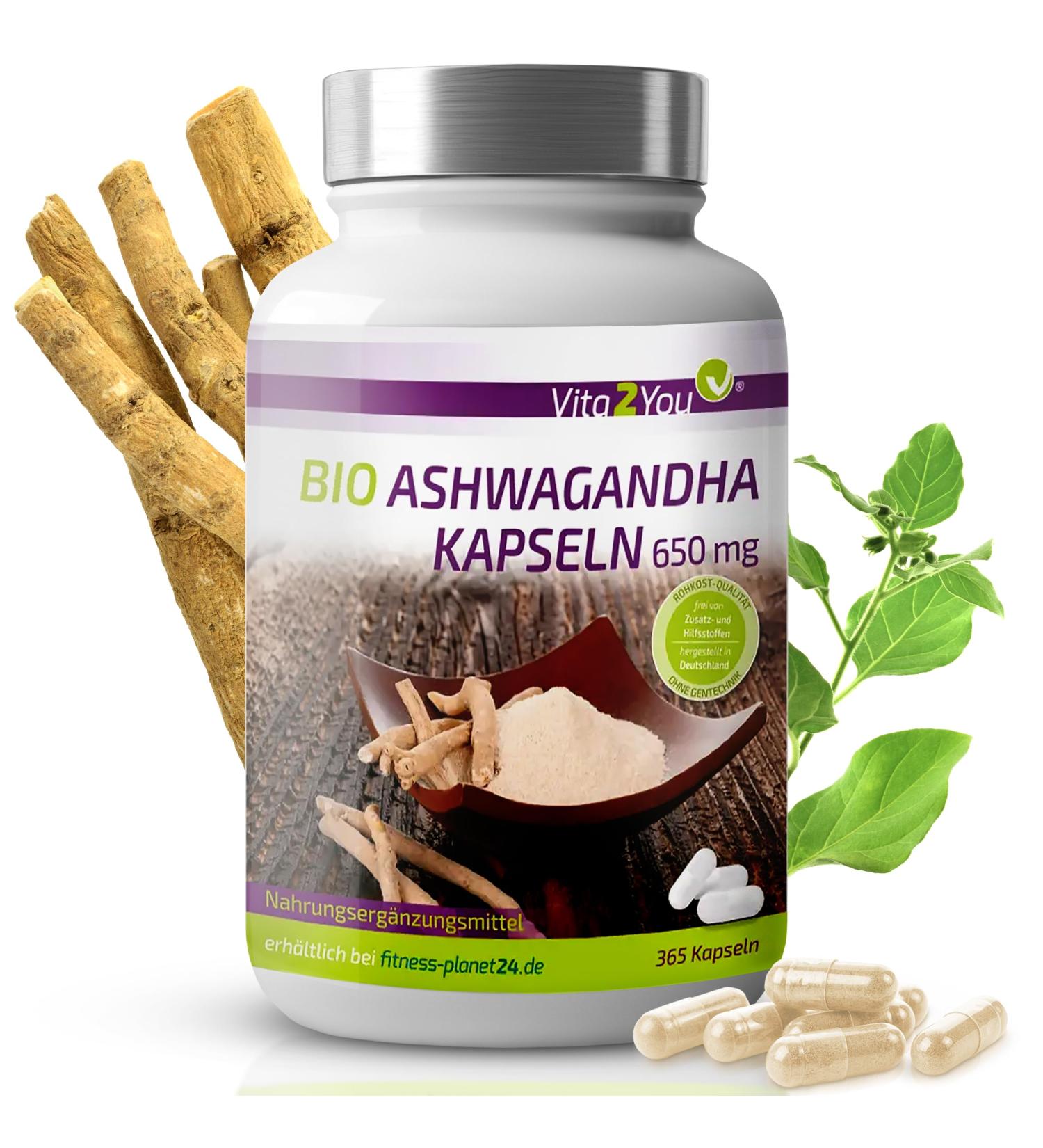 Vita2you Bio Ashwagandha Capsules 650mg - 365 High-Dose Organic Indian Sleep Berry - Premium Quality Ginseng - Buy Online on GoSupps.com
