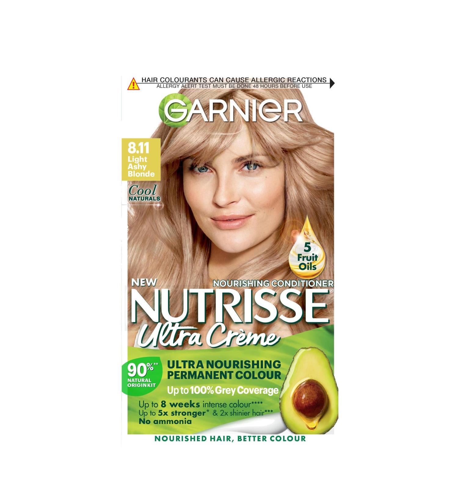 Garnier Nutrisse Creme Light Ashy Blonde Hair Dye - 100% Grey Coverage, No Ammonia, 90% Natural Formula with 5 Fruit Oils - Buy Online on GoSupps.com