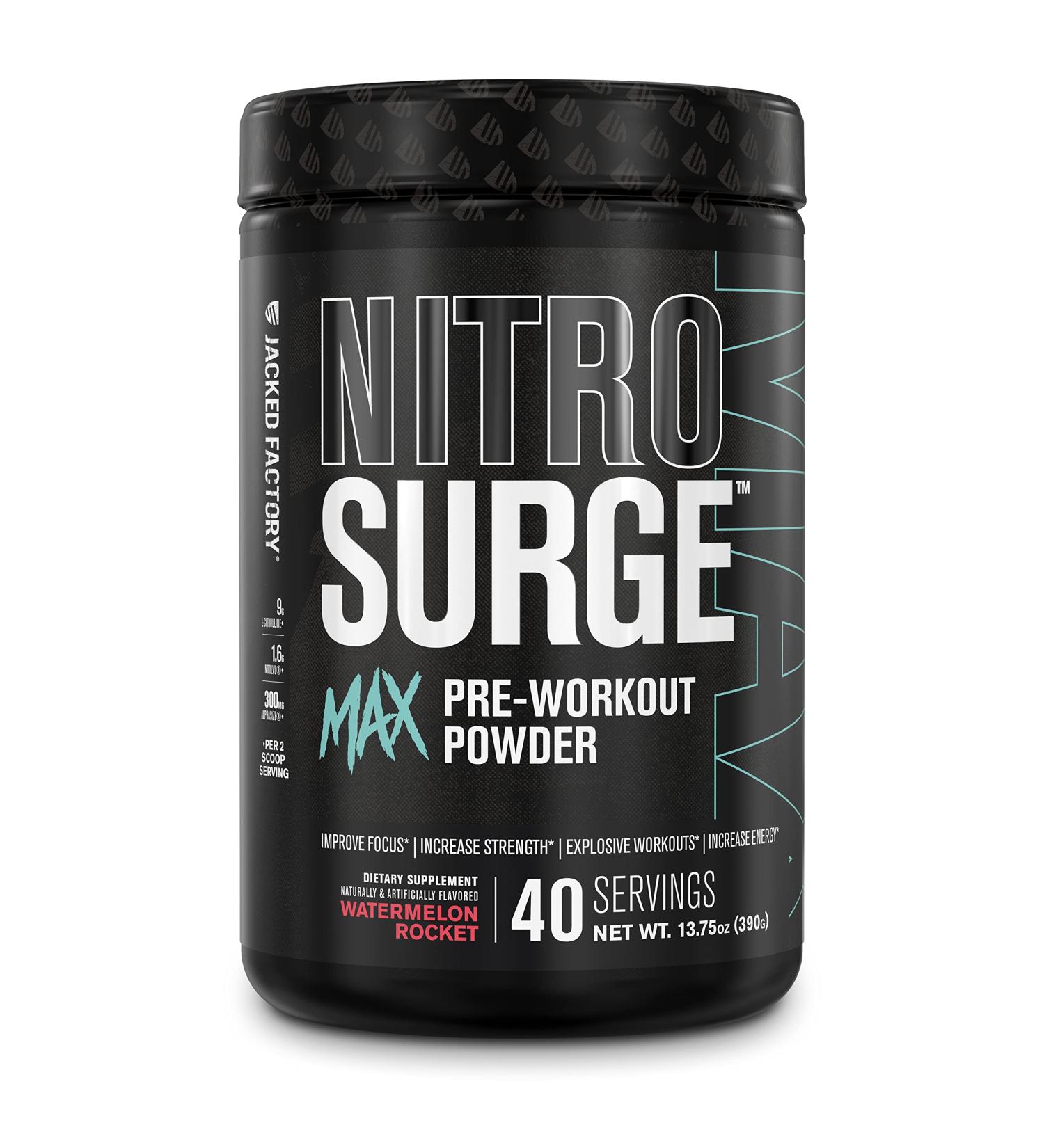 Jacked Factory Nitrosurge Max High Stim Pre Workout Powder - Premium High Caffeine Pre Workout w Nootropic Ingredients for Intense Energy Clear Focus Endurance - 40 Servings Watermelon Rocket - Buy Online on GoSupps.com