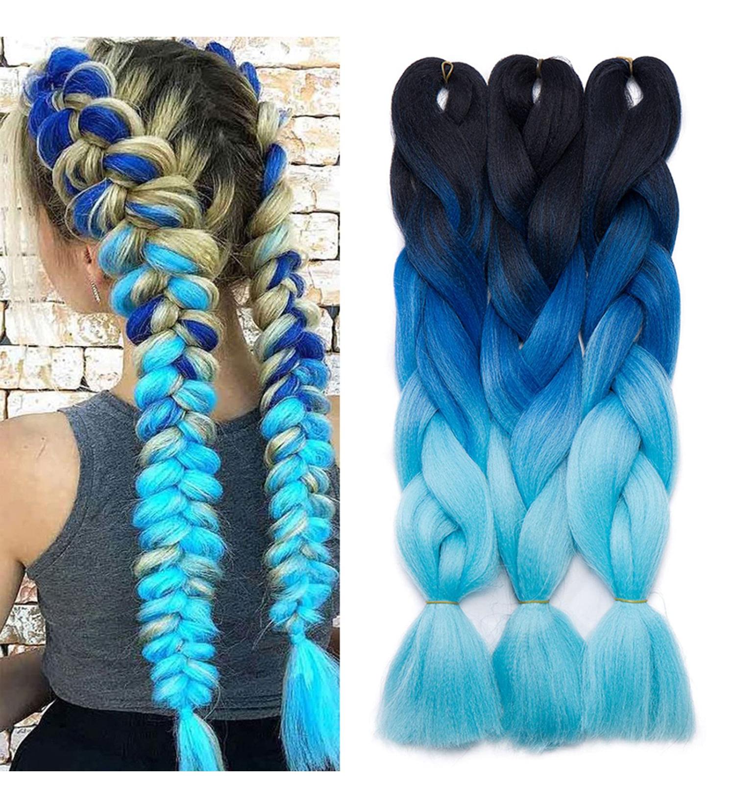 Buy 60cm Ombre Crochet Braids - Dark Black to Sky Blue Synthetic Hair Extensions | 3 PCs - 300g - Buy Online on GoSupps.com