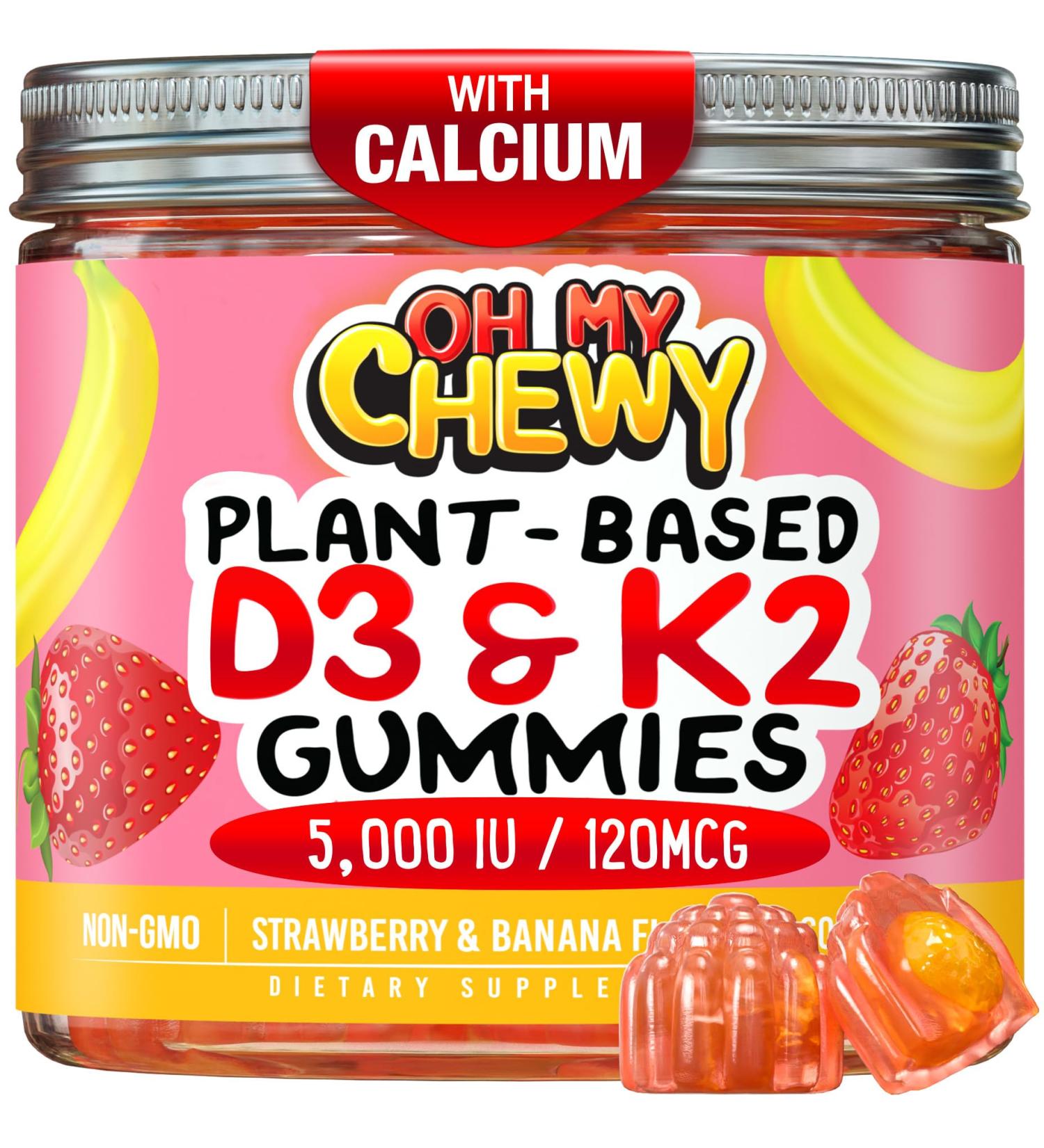 Center-Filled Vitamin D3 K2 & Calcium Gummies - Supplement for Healthy Teeth Bone & Energy - 5000 IU D3 120 mcg K2(MK-7) 120 mg CA - Vegan & Non-GMO - 60 Count Strawberry & Banana 60 Count (Pack of 1) - Buy Online on GoSupps.com