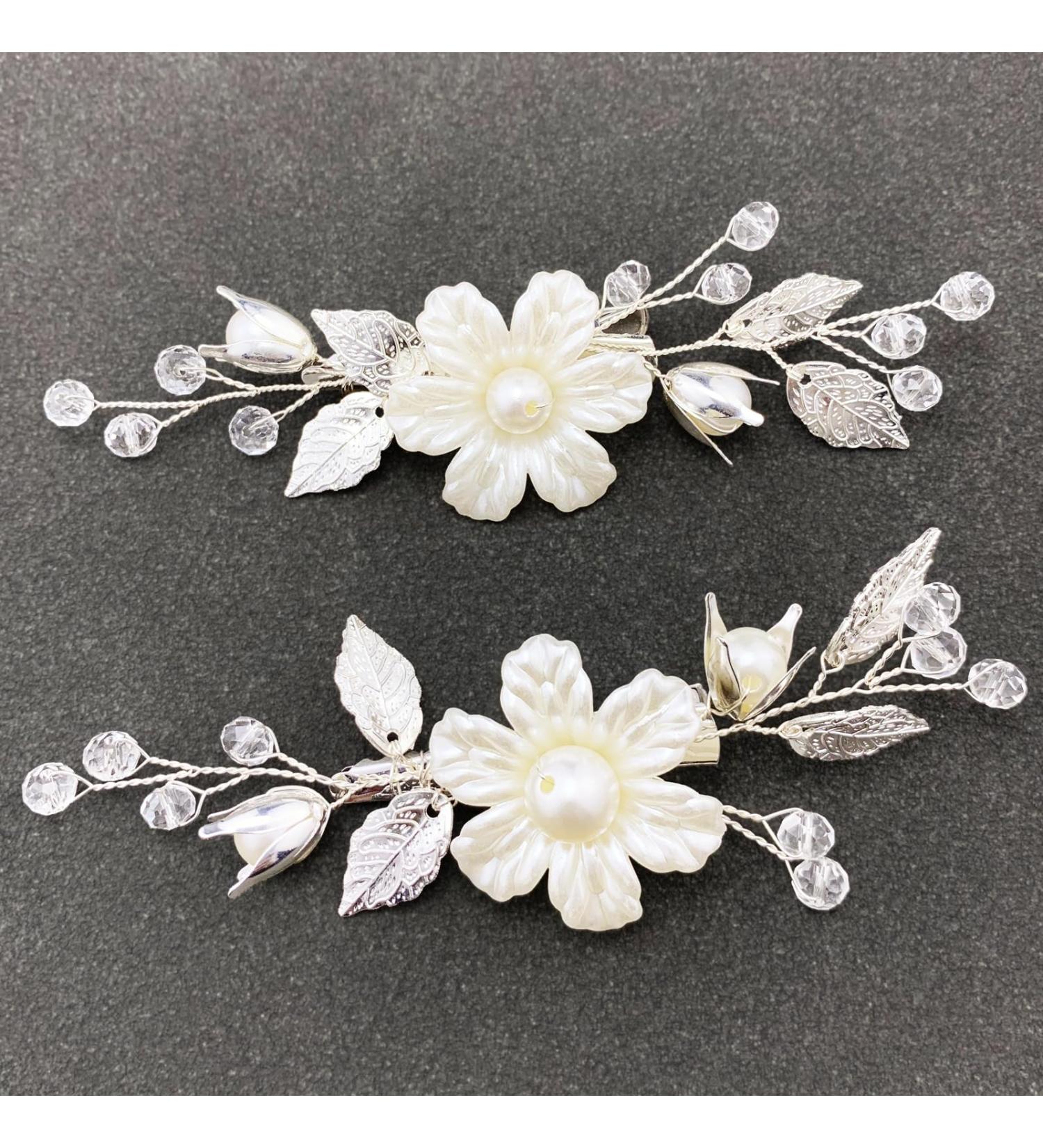 BETITETO Pearls Flower Hair Clips 2pcs Bridal White Floral Silver Leaf Vine Hair Pieces Accessories for Wedding Women - Buy Online on GoSupps.com