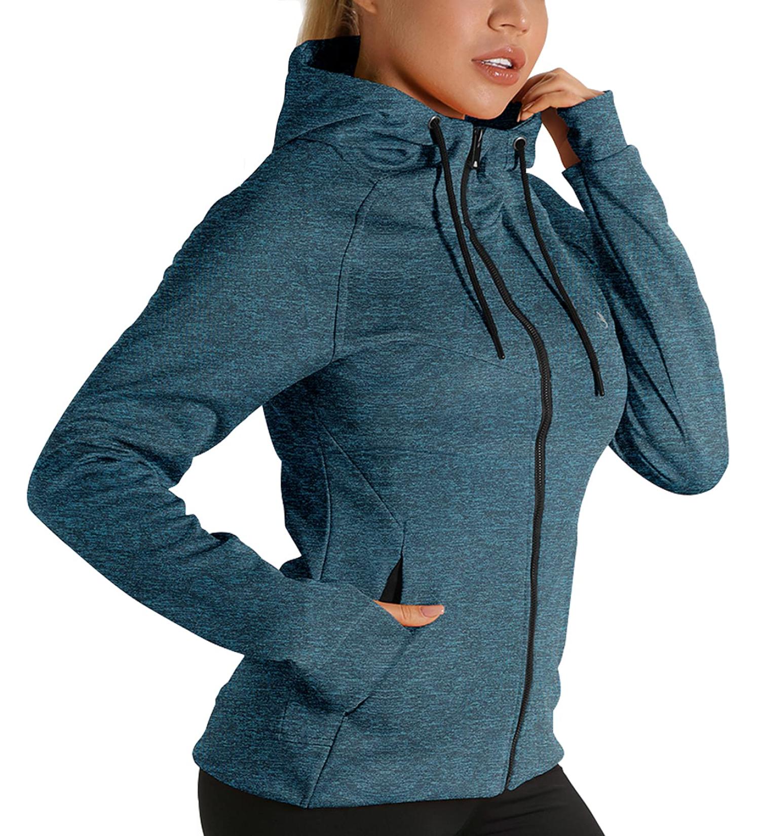 Icyzone Women's Sports Jacket Full Zip Running & Training Hoodie with Hood Long-Sleeved Fitness Jacket for Winter - Size S Blue - Buy Online on GoSupps.com