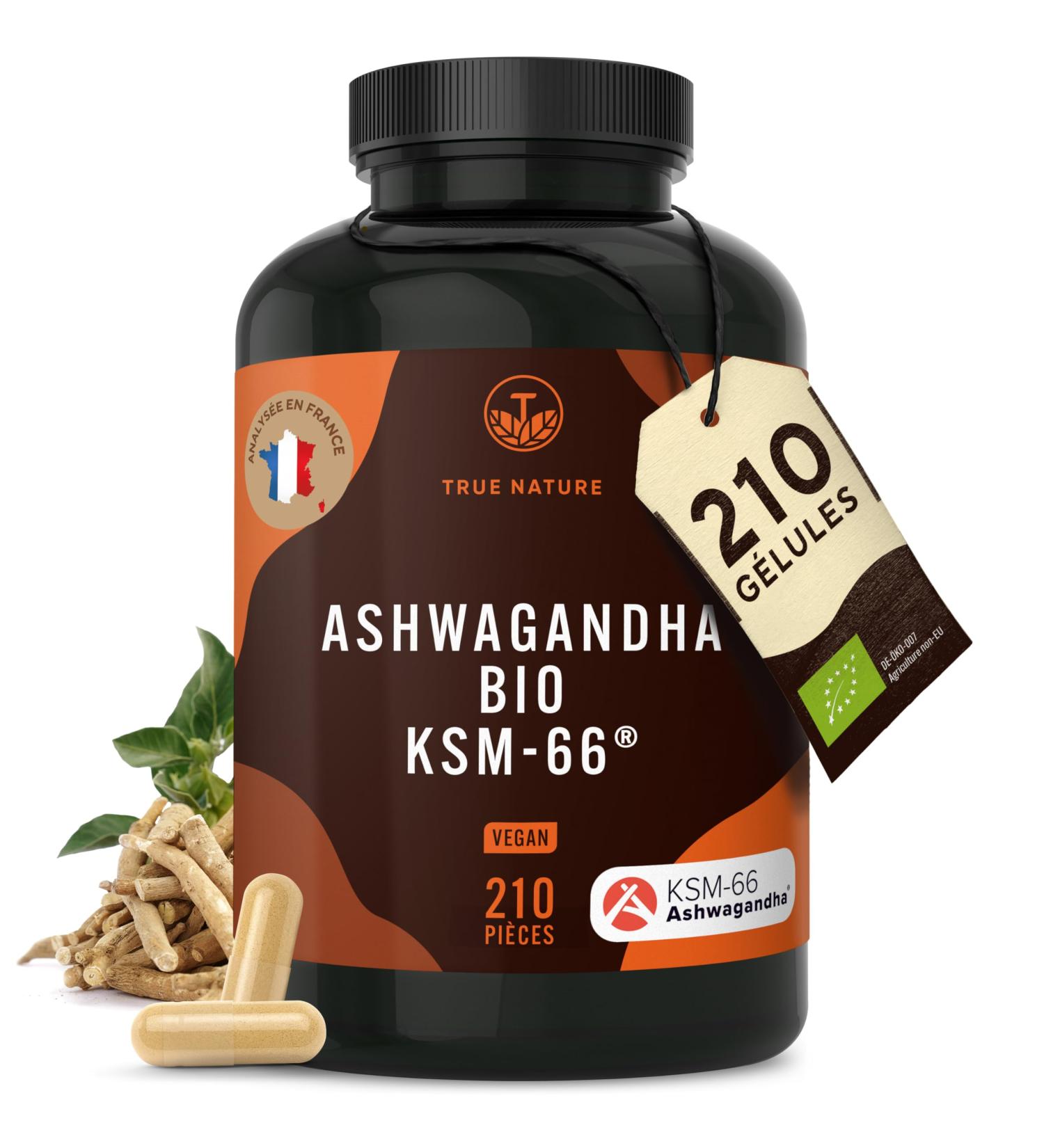 Bio Ashwagandha KSM-66 | Actif brevet - 210 G lules - 600mg dont plus de 5% de Withanolide - Vegan Ayurveda - Sans: Lactose & Gluten - TRUE NATURE Ashwagandha + KSM-66 - Buy Online on GoSupps.com
