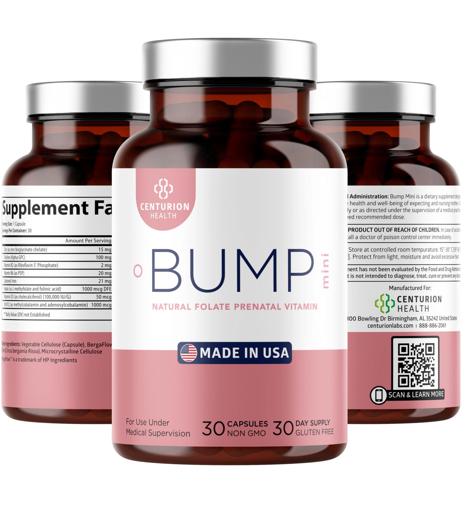 Centurion Labs Bump Mini Complete Prenatal Vitamins for Women with Folate Choline Carbonyl Iron Zinc Vitamin D3 and Vitamin B12 for Fetal Development and Pregnancy Support 30 Caps - Buy Online on GoSupps.com