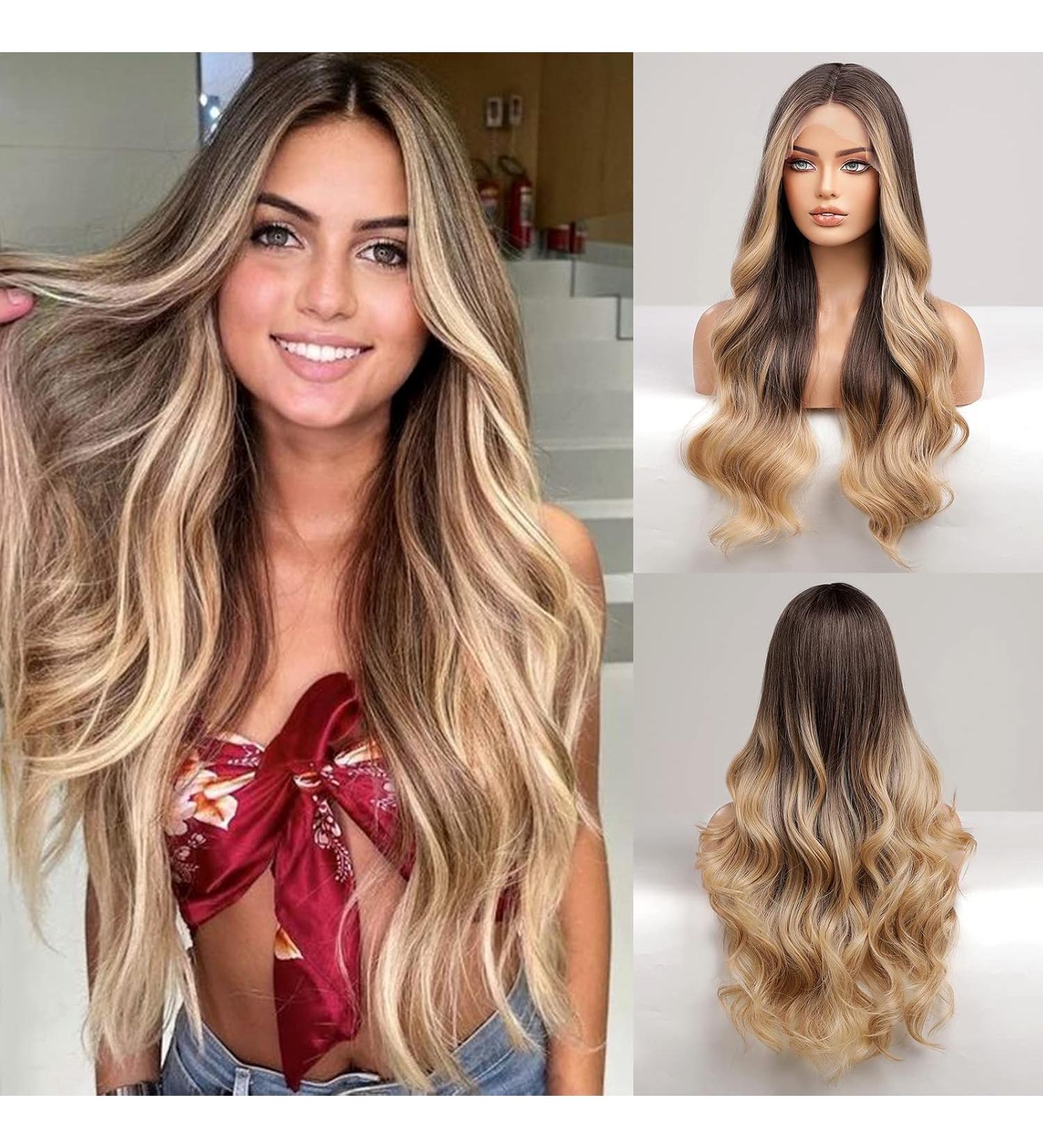 HAIRCUBE Long Ombre Blonde Lace Front Wigs for Women Brown to Blonde Natural Wavy Middle Parting Synthetic Wigs Lace Wigsâ¦ - Buy Online on GoSupps.com