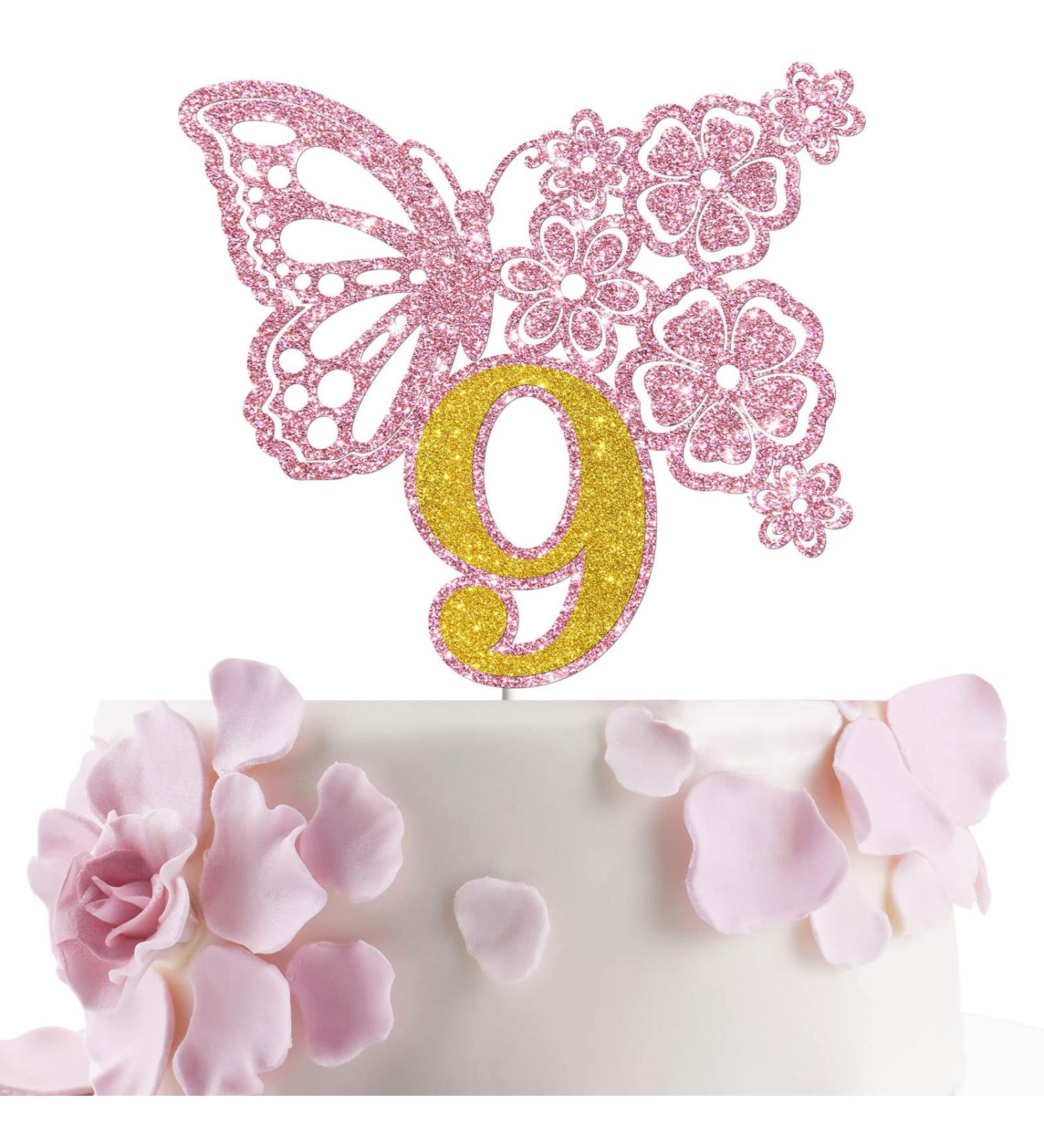 Tenhaisi Pink & Gold 3D Butterfly Flower Sign 9 Cake Topper - Happy 9th Birthday/Anniversary Party Decoration 3D Cake Topper- Girls 9th Birthday Party Supplies - Buy Online on GoSupps.com