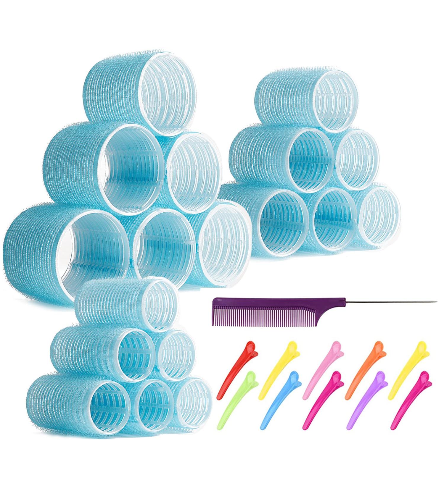 Jumbo 2.5 inch Velcro Hair Rollers for Long Hair - No Heat, Self Grip Curlers with Clips & Comb - Blue-18 - Buy Online on GoSupps.com