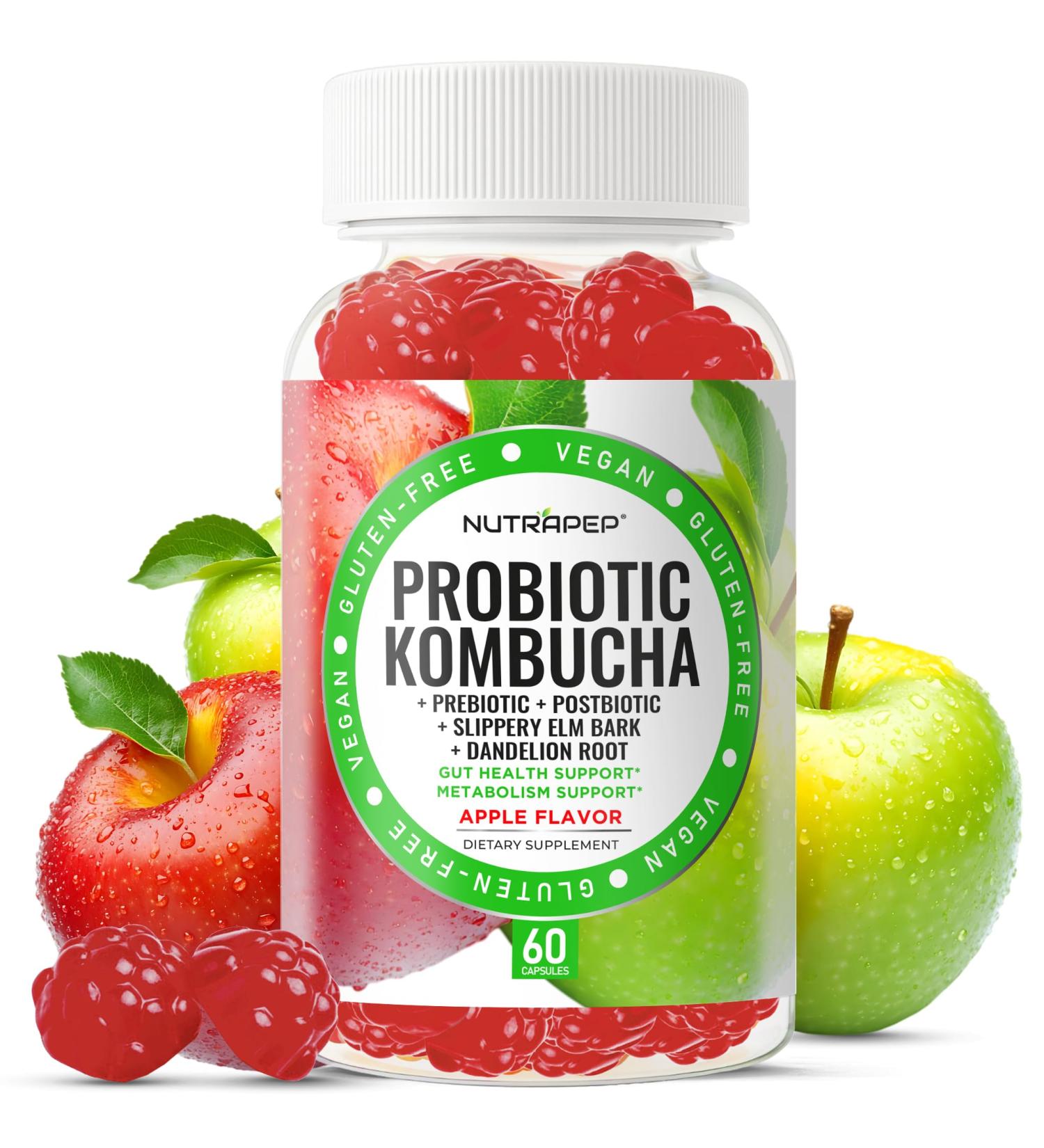 Probiotic Kombucha Gummies - Women Men Probiotic Prebiotic Probiotic Blend for Gut Health Bloating Metabolism Support with Slippery Elm Bark Dandelion Root - Vegan Gluten Free Apple Flavor 60 Count (Pack of 1) - Buy Online on GoSupps.com