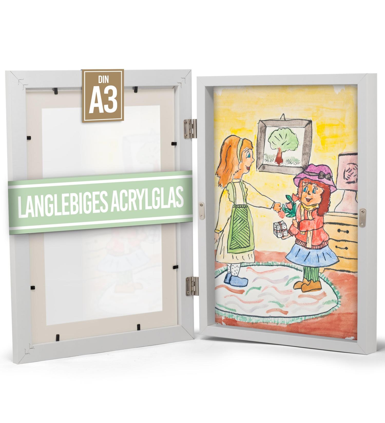 Kiyari A3 White Picture Frame for Children's Drawings - Fillable Art Frame with Safety Acrylic Glass - Display 50-150 Artworks - Buy Online on GoSupps.com