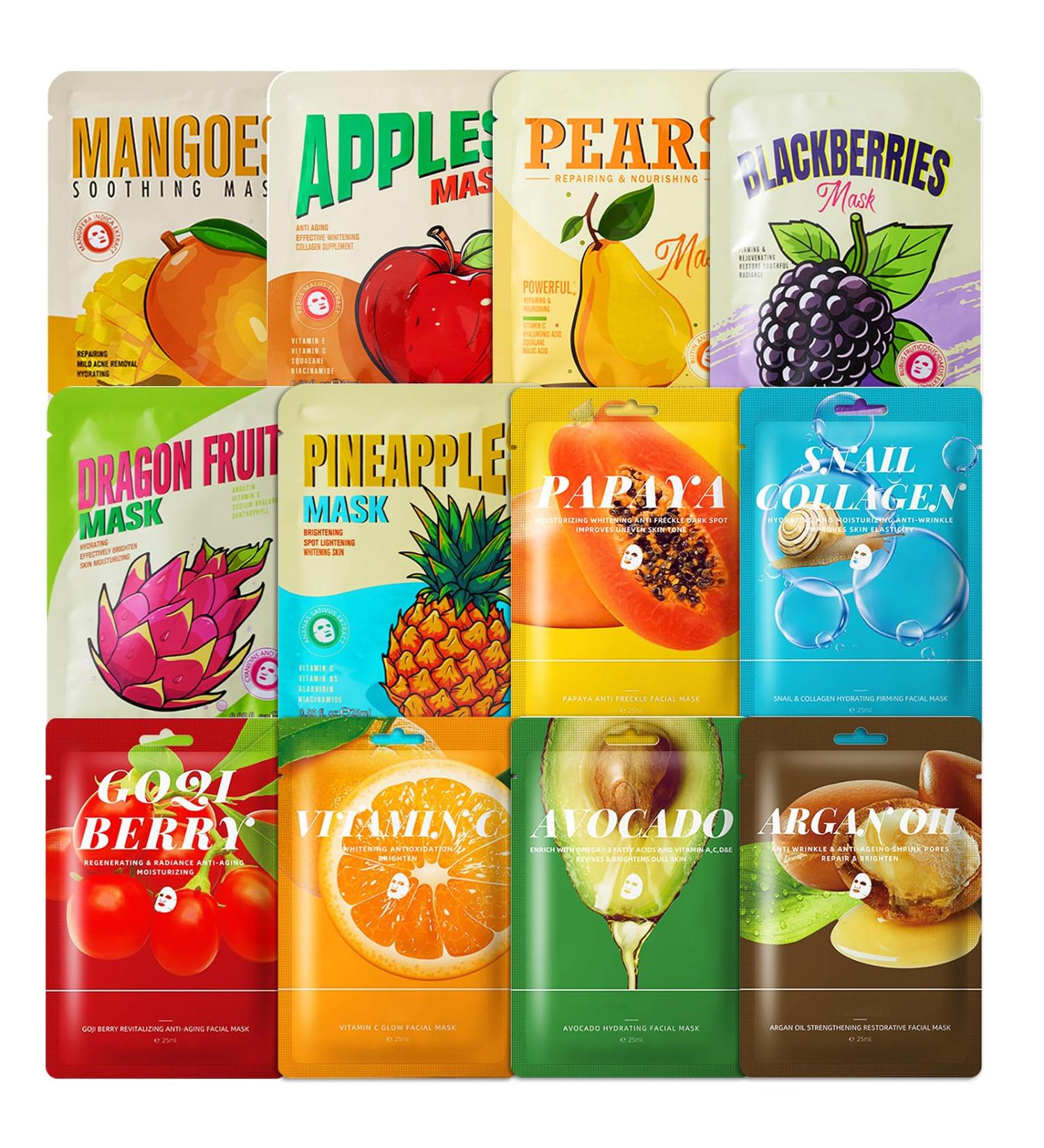 12 Sheet Masks Korean Facial Treatment with Natural Ingredients Daily Care Beauty Mask Hydrating and Nourishing for All Skin Types 25ML - Buy Online on GoSupps.com