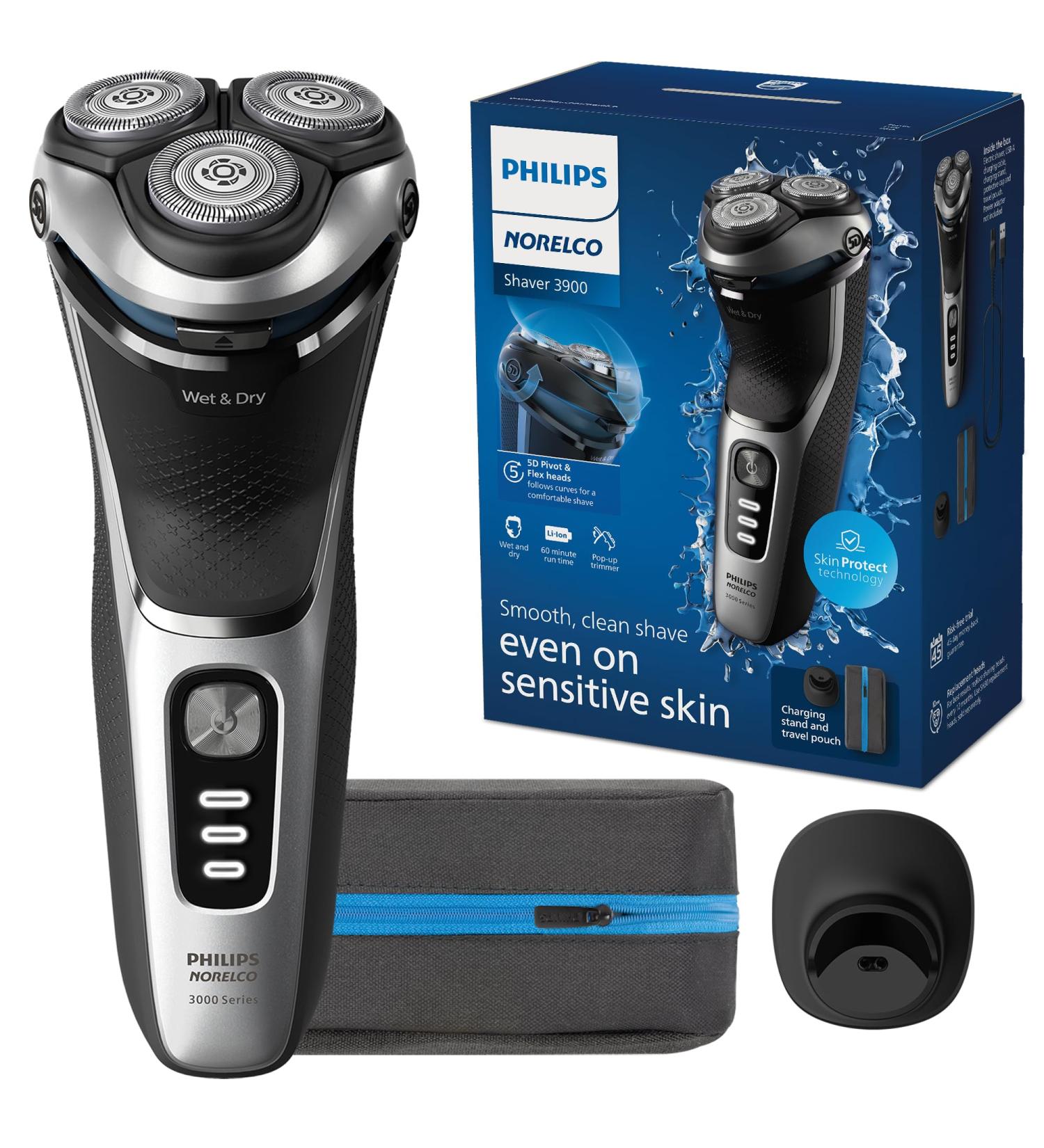 Philips Norelco Shaver 3900 - Rechargeable Wet & Dry Electric Shaver with Pop-up Trimmer Charging Stand & Travel Pouch - Silver S3341/92 | Buy Now for International Shipping - Buy Online on GoSupps.com