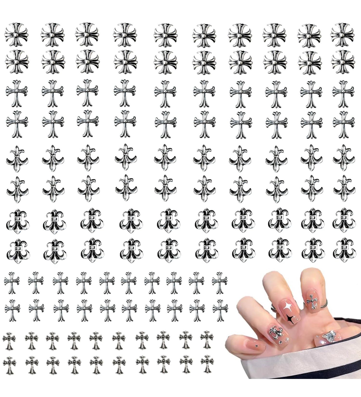 Nayyana 120 Pieces 3D Cross Nail Charms | Chrome & Vintage Silver Punk Nail Decorations - Buy Online on GoSupps.com