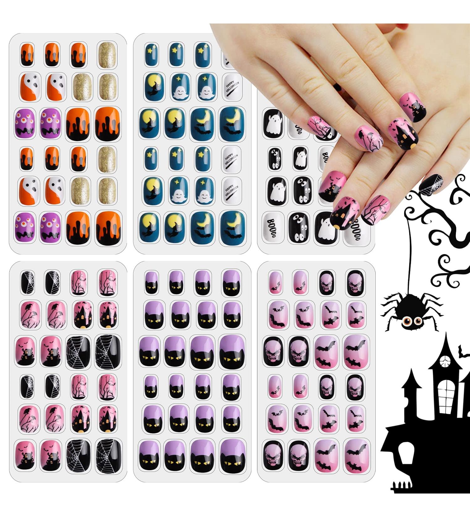 Kalolary 144 PCS Halloween Kids False Nails - Press On Fake Fingernail Kit with Skull Bat & Ghost Patterns for Girls - Short Full Cover Nail Art Decoration - Buy Online on GoSupps.com