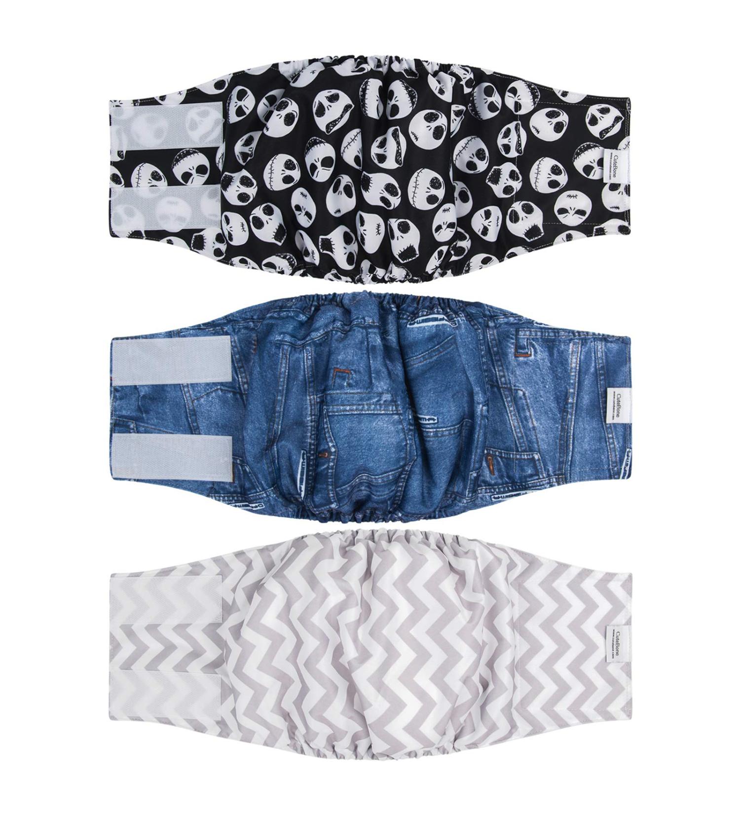 Cutebone Male Washable Dog Diapers Belly Bands - 3 Reusable High-Suction Wraps with Velcro Fastener (DM06M-DE) - Denim Totenkopf & Stripe - Fits 35.5-43cm - Buy Online on GoSupps.com