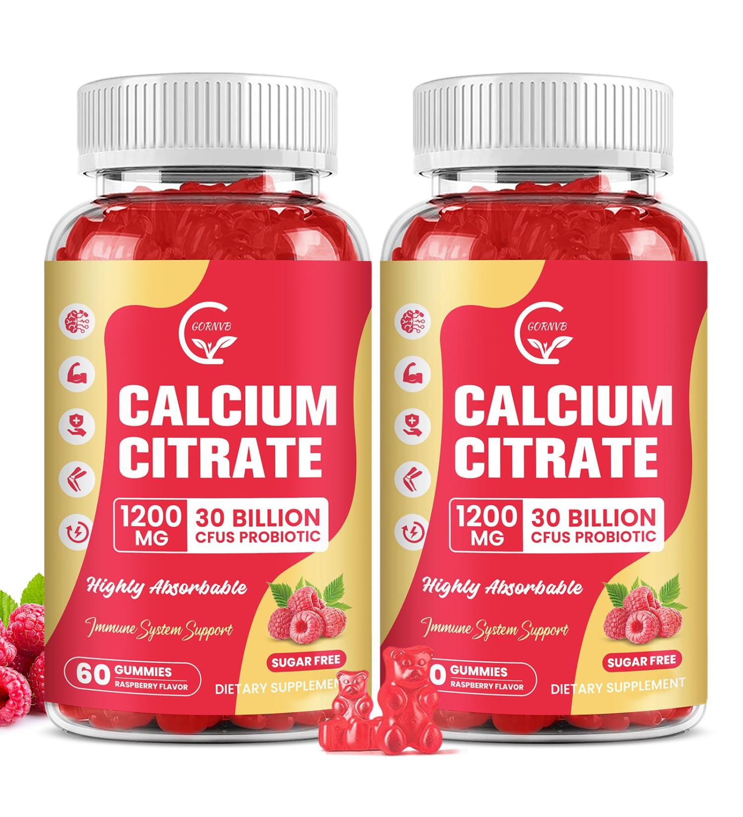 (2 Pack) Sugar Free Calcium Citrate Gummies 1200 mg with Vitamin d3 K2 Magnesium Zinc for Bone Muscle & Immune Support High Absorption Calcium Supplement for Women Raspberry Flavor 60 Chews 60 Count (Pack of 2) - Buy Online on GoSupps.com