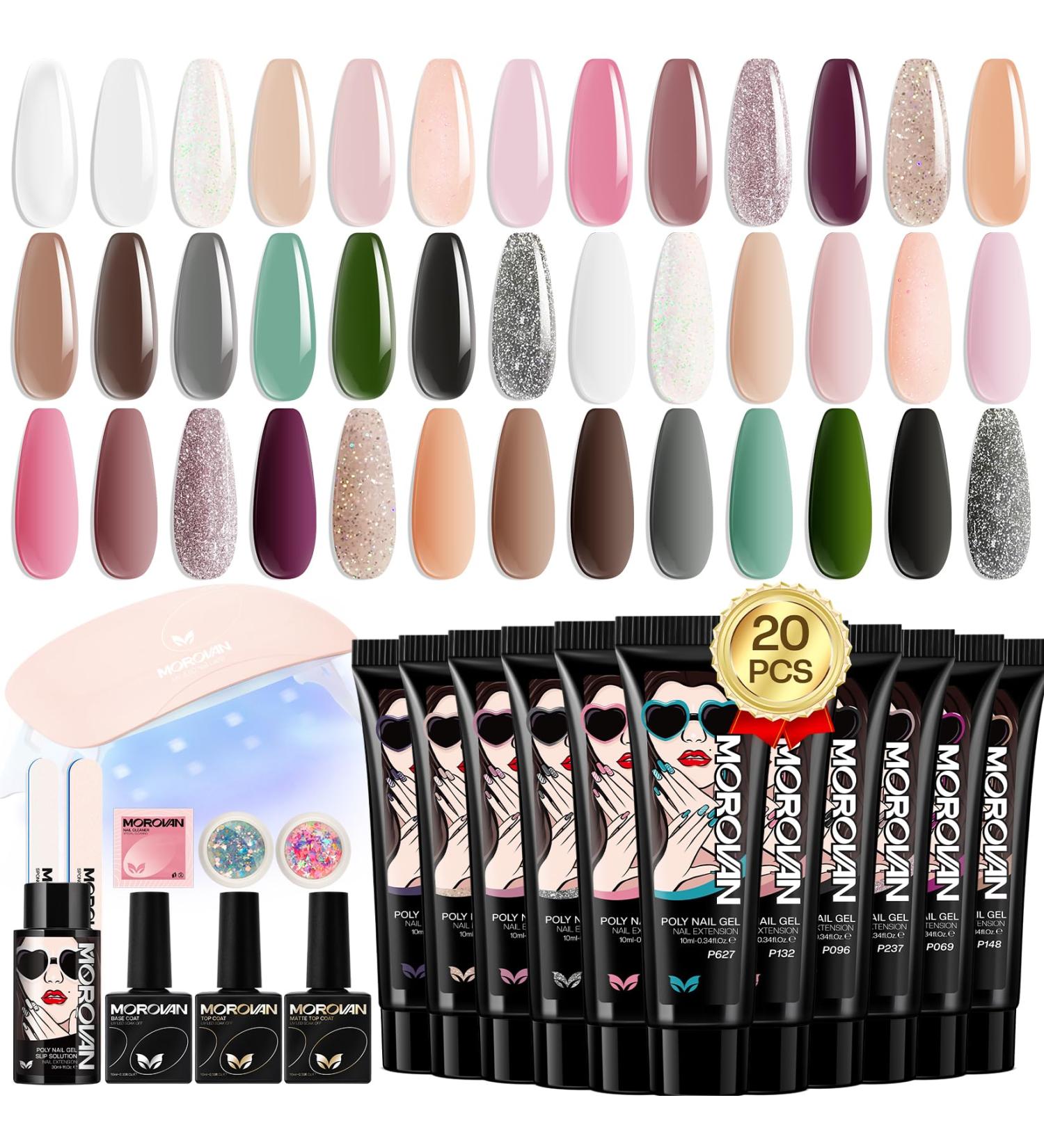Morovan Poly Gel Nail Kit - 20 Colors with UV Light | Glitter Nail Starter Kit for DIY Home Nail Extensions | Ideal Gifts for Women - Buy Online on GoSupps.com