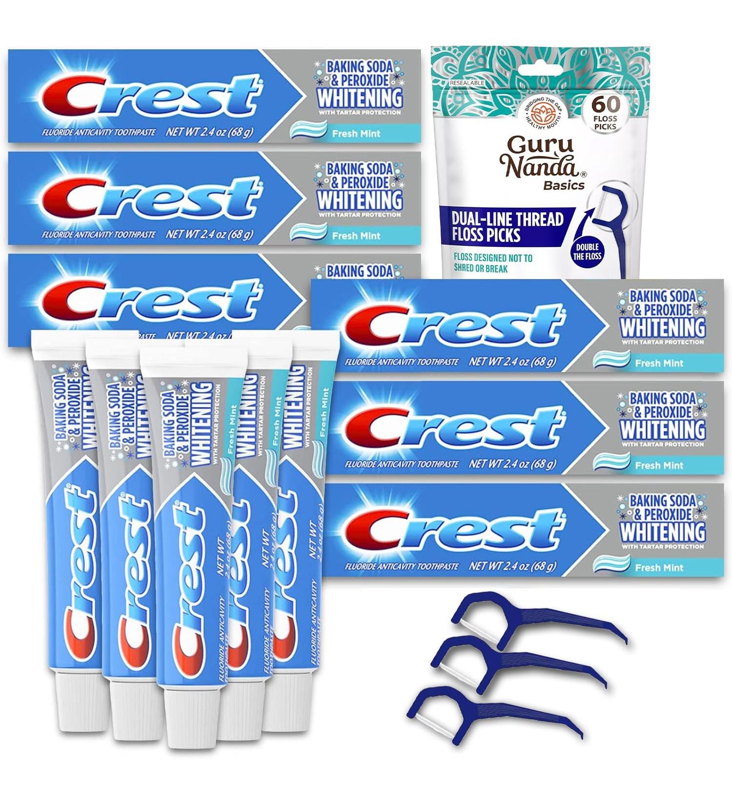 Toothpaste Travel Size Multipack Set - TSA Approved Bundle with 6 Crest Toothpaste Baking Soda and Peroxide Whitening (2.4oz Each) Flossers (60 Count) | Travel Size Sensitive Toothpaste for Adults