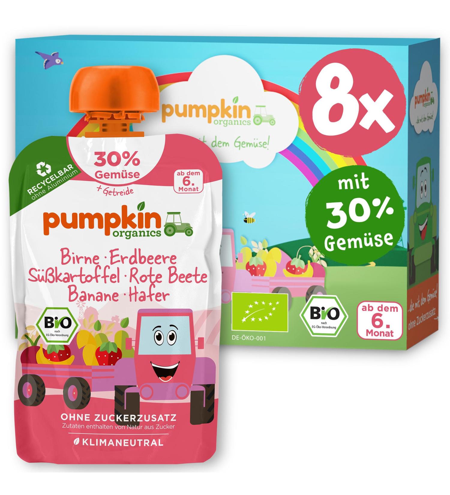 Pumpkin Organics Bio Vegetable Cereal Quetschies | Sugar-Free Baby Food (8x100g) | Vegetarian | 6+ Months | Pear Strawberry Sweet Potato Beetroot Banana Oats - Buy Online on GoSupps.com