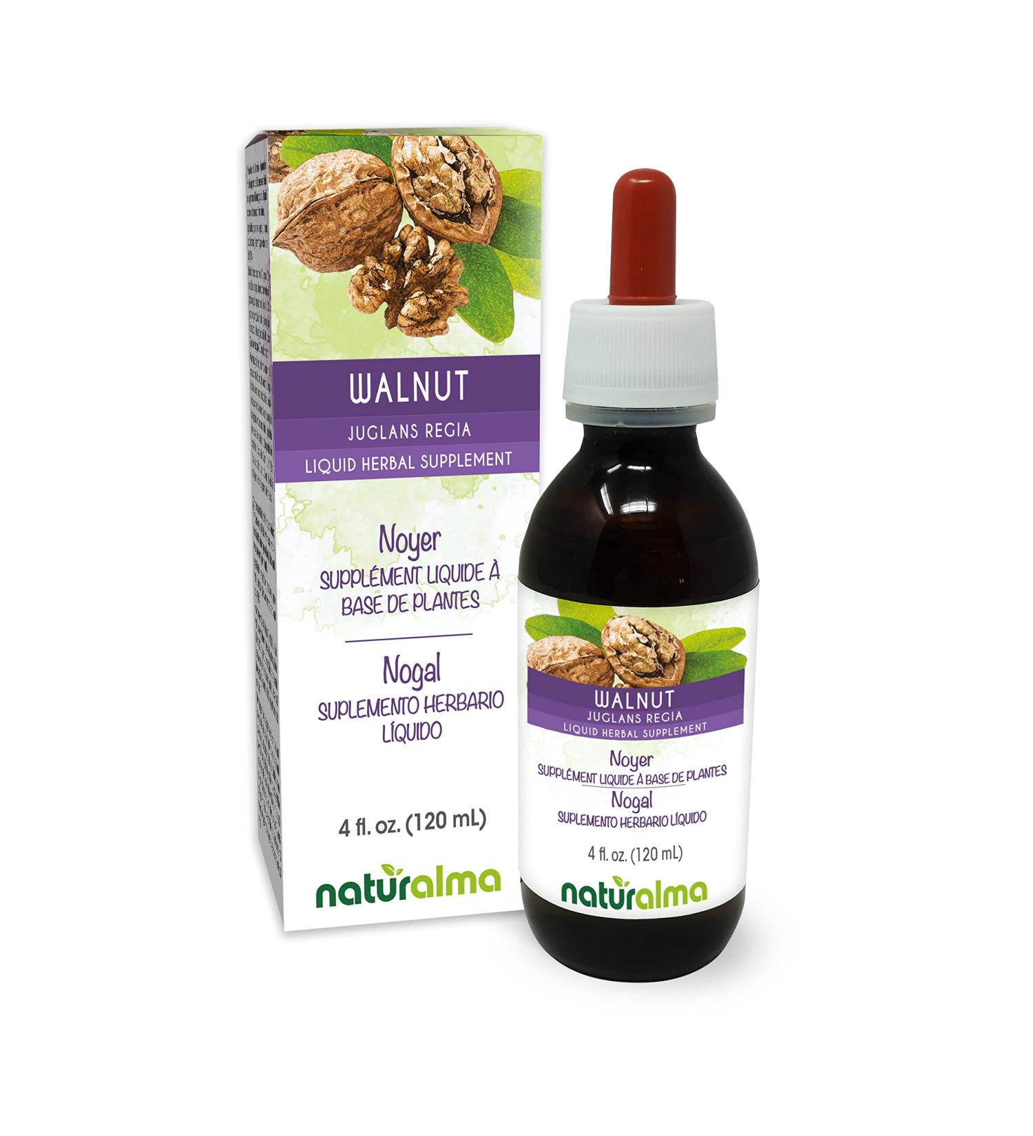 Naturalma Walnut (Juglans regia) Hull of The Fruit or Pericarp (Walnut Husk) and Leaf Alcohol-Free Tincture - 4 fl oz Liquid Extract in Drops - Herbal Supplement - Vegan Alcohol-free 4 Fl Oz (Pack of 1) - Buy Online on GoSupps.com