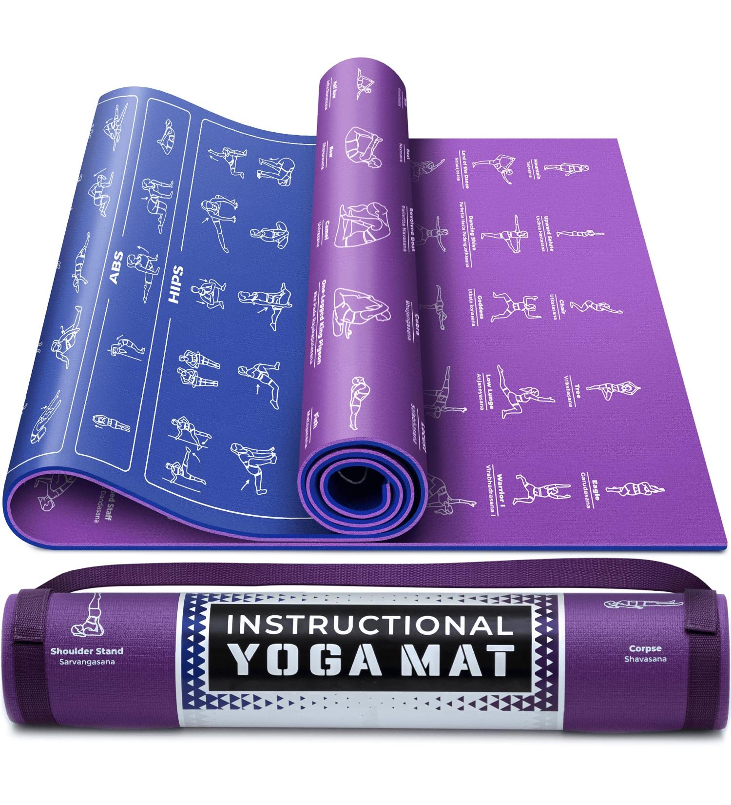 Yoga Mat with 75 Illustrated Poses & Stretches + Carrying Strap | Non-Slip Extra-Thick Mat for Men and Women | Beginner-Friendly | Blue/Purple (68 x 24) - Buy Online on GoSupps.com