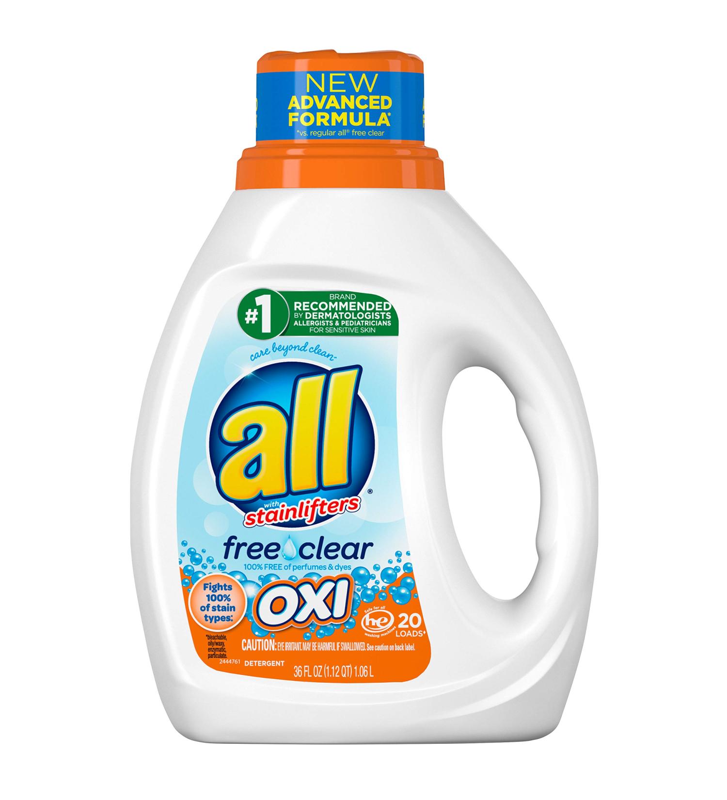All Liquid Laundry Detergent with OXI Stain Removers & Whiteners - Free & Clear 36 oz for 20 Loads - Ideal for International Shipping - Buy Online on GoSupps.com