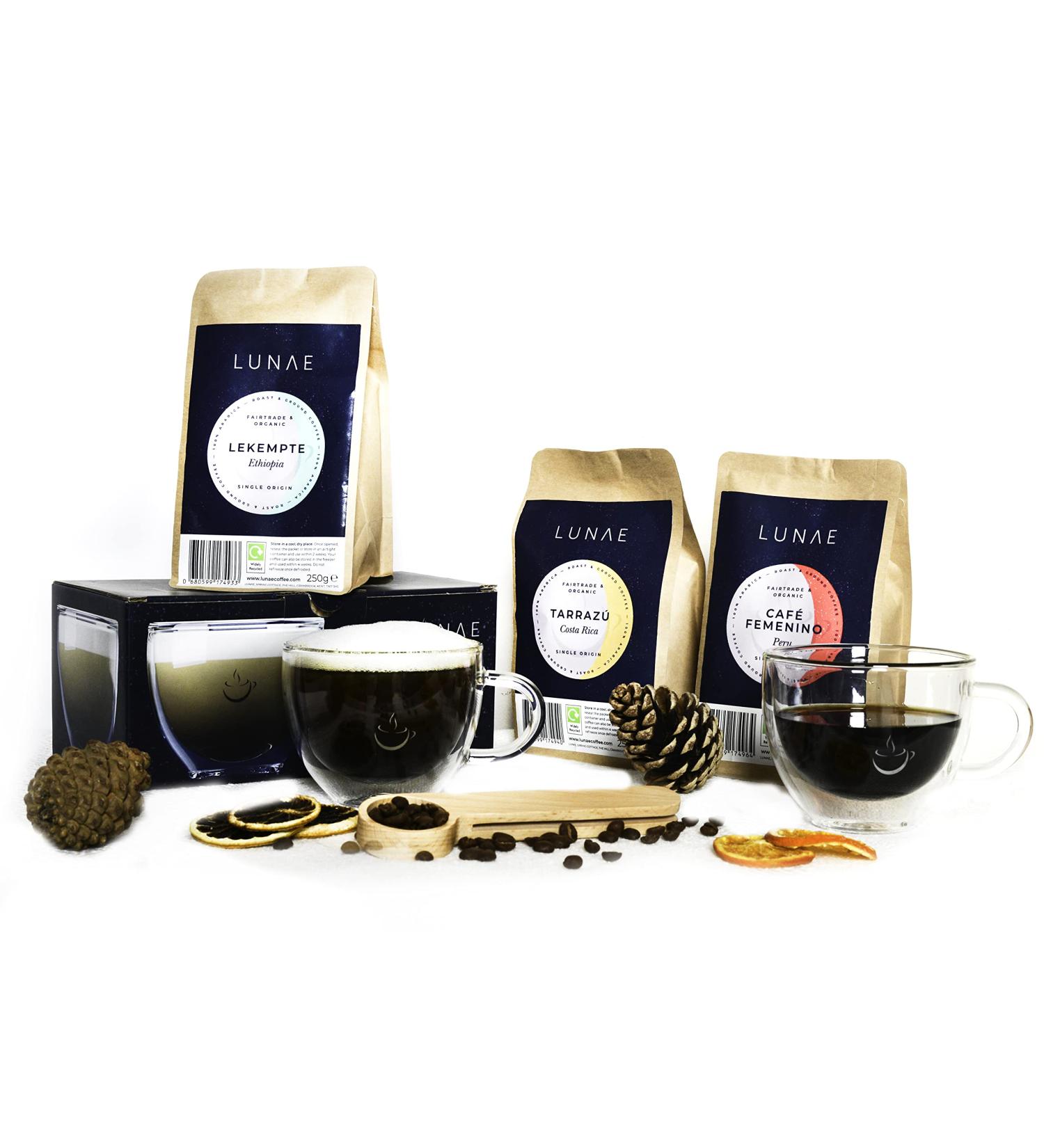 Lunae Luxury Coffee Hamper Gift Set | 2 x Cappuccino Cups | 3 x Artisan Coffees | 2-in-1 Coffee Scoop - Buy Online on GoSupps.com
