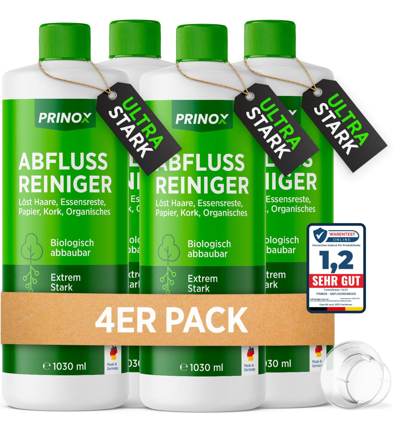 Prinox 4x 1000ml Drain Cleaner - Ultra Strong Biodegradable Pipe Cleaner for Hair & Food Residues - 15 Applications - Gentle & Heat-Free - Made in Germany - Buy Online on GoSupps.com