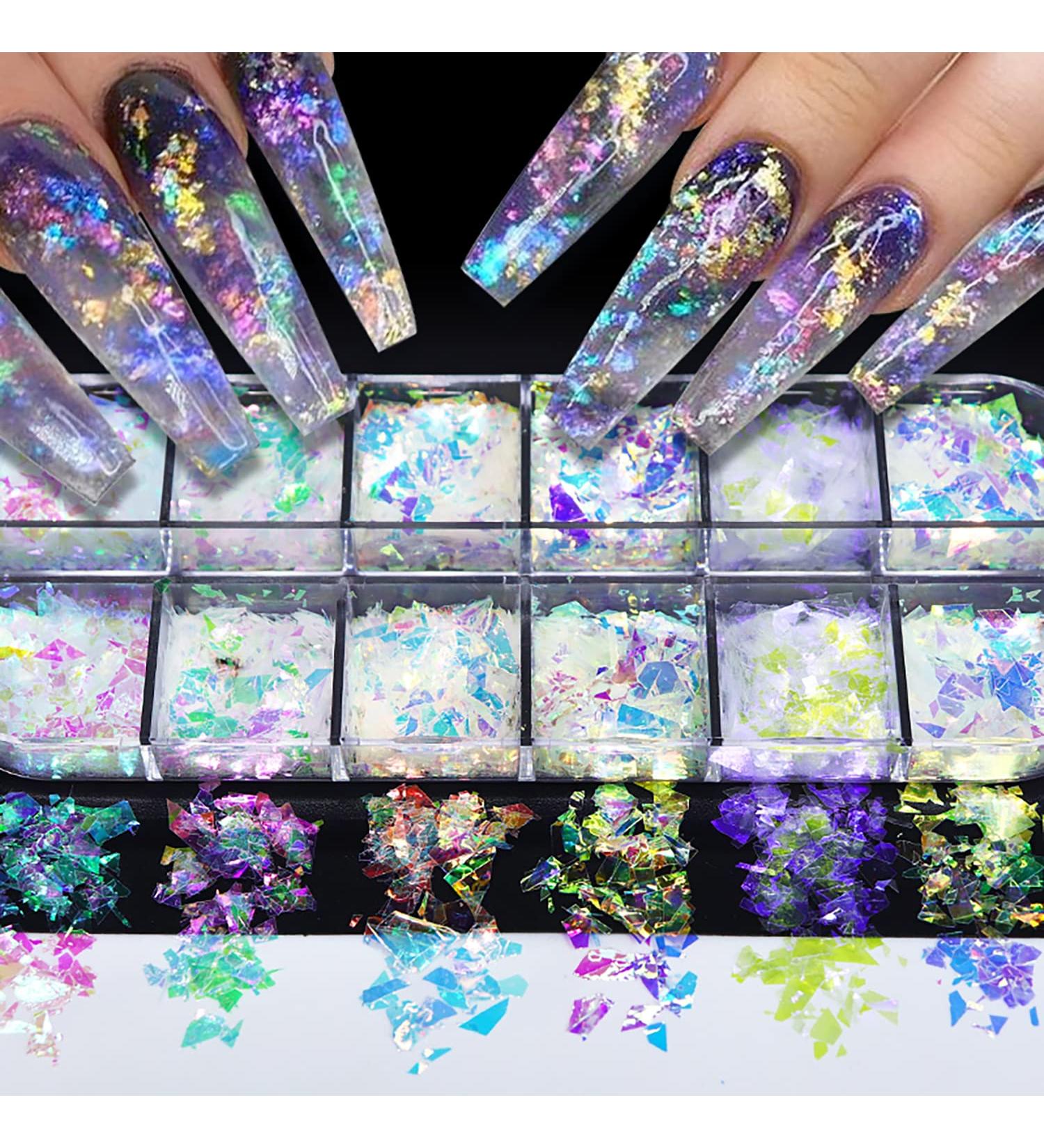 12 Colors Holographic Nail Art Glitter Sequins - Irregular Mermaid Nail Sequins for Face, Hand, Body - Colorful Fluorescent Glass Paper Nail Decoration - DIY A4 - Buy Online on GoSupps.com