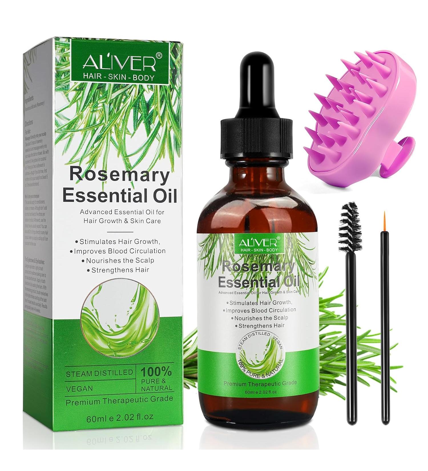Organic Rosemary Hair Growth Oil 2.02 Fl Oz + Scalp Massager | Pure Essential Oil for Eyelashes, Eyebrows, Skin, Body Massage | Nourishes Scalp, Improve Blood Circulation - Buy Online on GoSupps.com