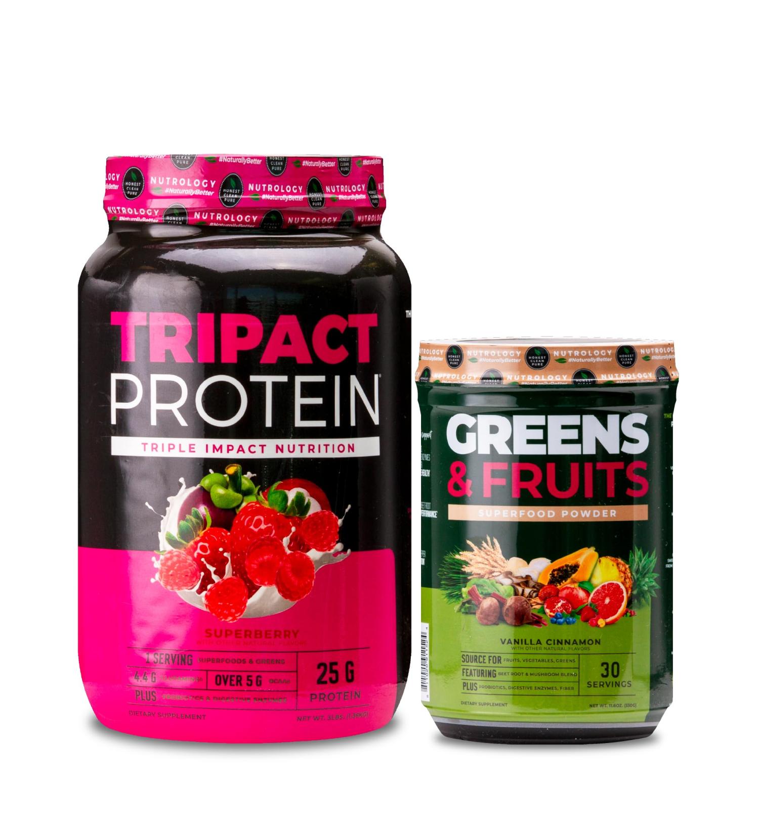 Nutrology TRIPACT Protein Powder 7-in-1 Meal Replacement Shake Superberry (40 Servings) Greens & Fruits Powder-Naturally Sourced Superfood Vanilla Cinnamon (30 Servings) - Buy Online on GoSupps.com