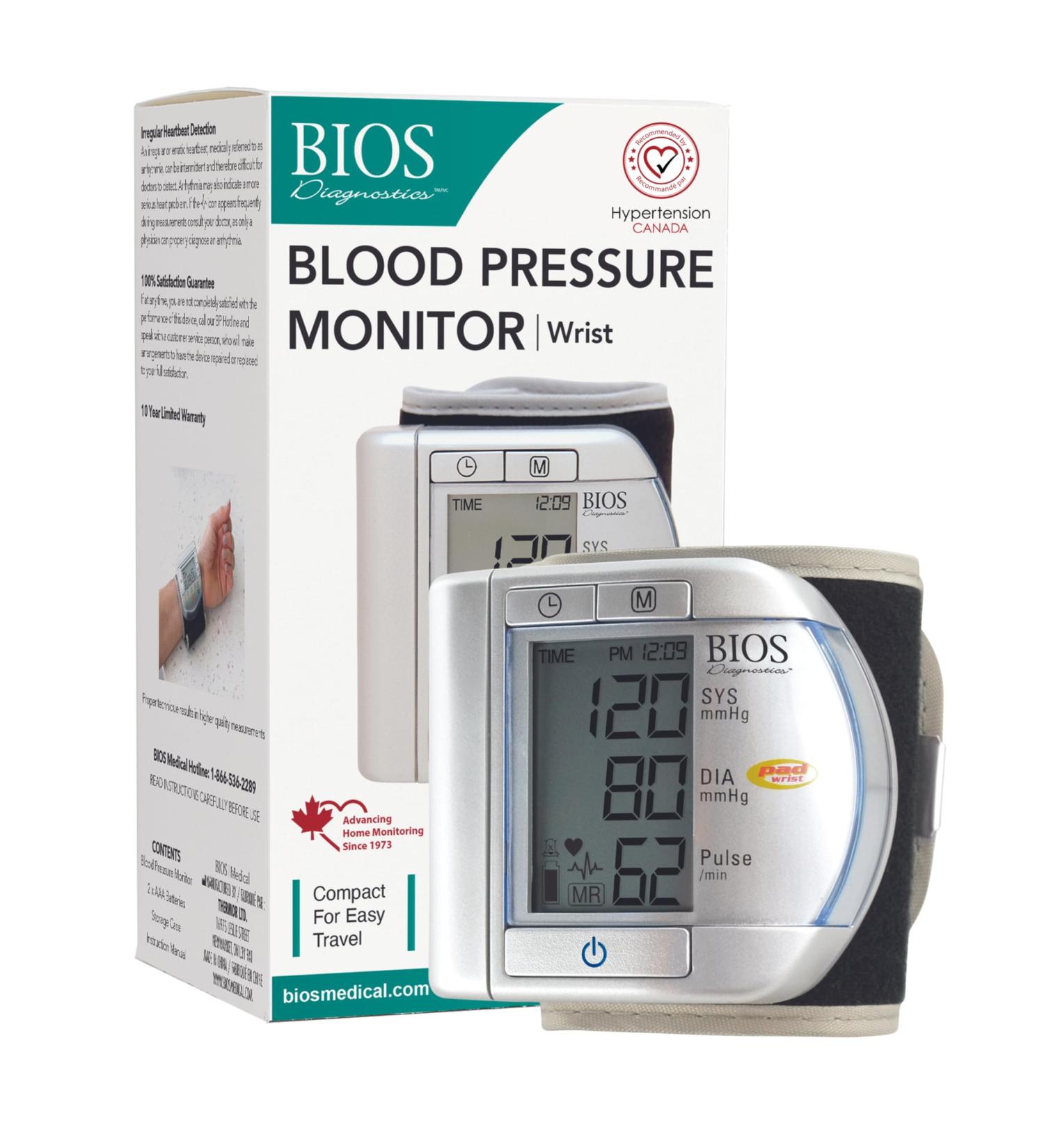 BIOS Diagnostics Blood Pressure Monitor - Wrist The #1 Canadian Blood Pressure Manufacturer* 200 memories Time and Date Alarm Detects Irregular Heartbeat Compact for Travel - Buy Online on GoSupps.com