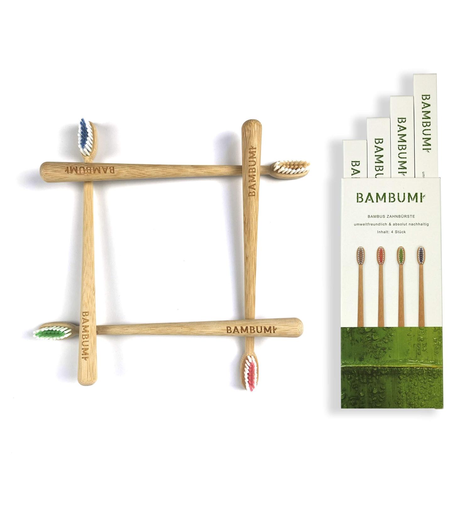 Bambumi Bamboo Toothbrushes Set - Eco-Friendly BPA Free Biodegradable & Sustainable Wooden Toothbrushes (Red/Green/Blue/Bamboo) - Buy Online on GoSupps.com