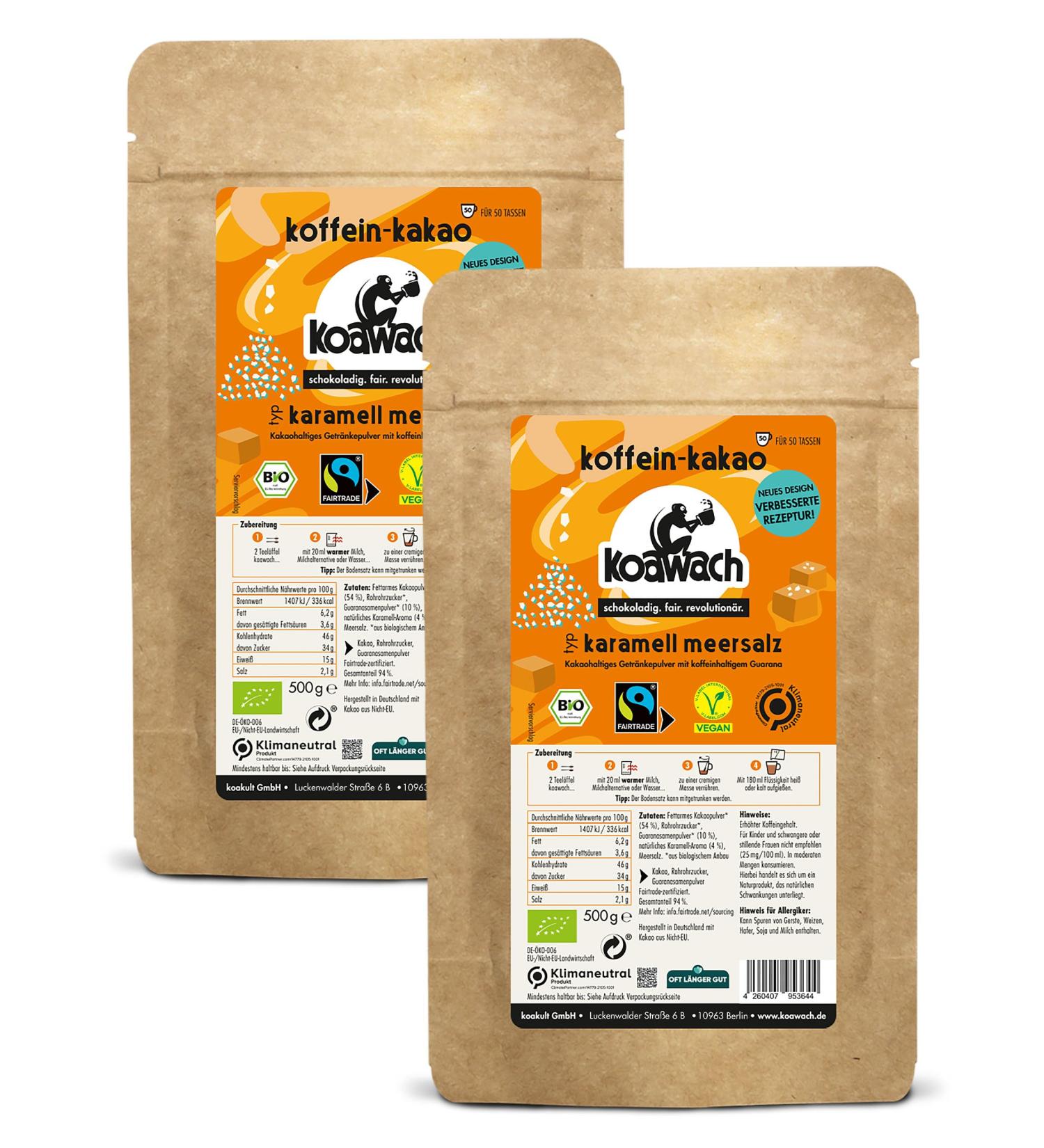 Koawach Caramel & Sea Salt Cocoa Powder - Vegan Hot Chocolate Drink (1kg) | Low Sugar Organic & Fairtrade Energy Drink - 2x500g - Buy Online on GoSupps.com