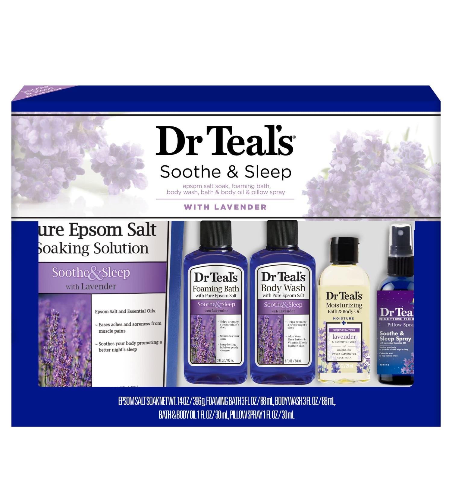 Dr Teal's Lavender Soothe & Sleep Full Regimen 5-piece Gift Set (Epsom Salt Soaking Solution, Foaming Bath, Body Wash, Moisturizing Bath & Body Oil, Pillow Spray)
