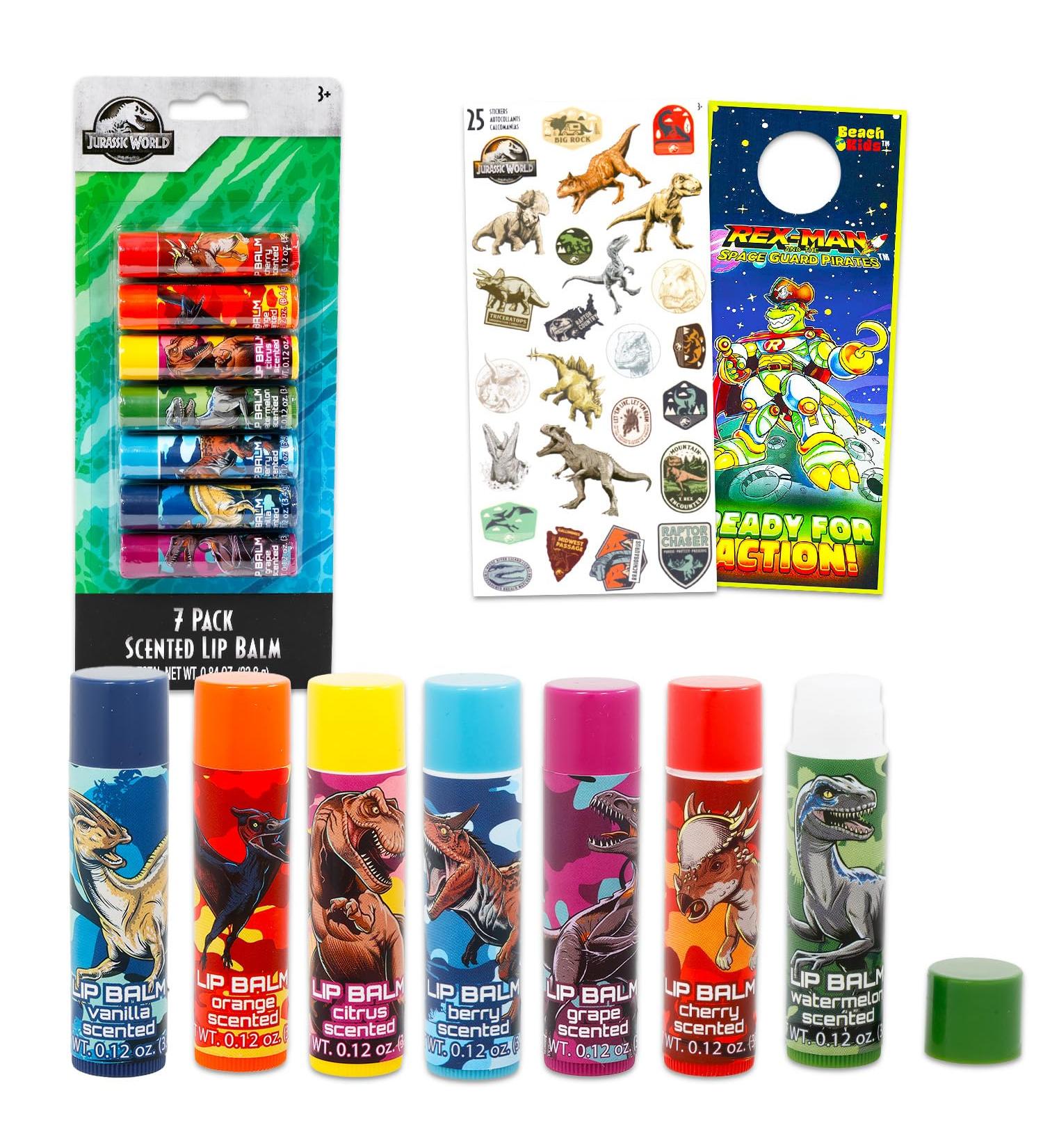 Jurassic World Lip Balm Tube Bundle for Kids 7 Pack of Dinosaur Lip Balm in Assorted Flavors Plus Stickers More | Jurassic World Party Favors for Kids Boys Girls - Buy Online on GoSupps.com