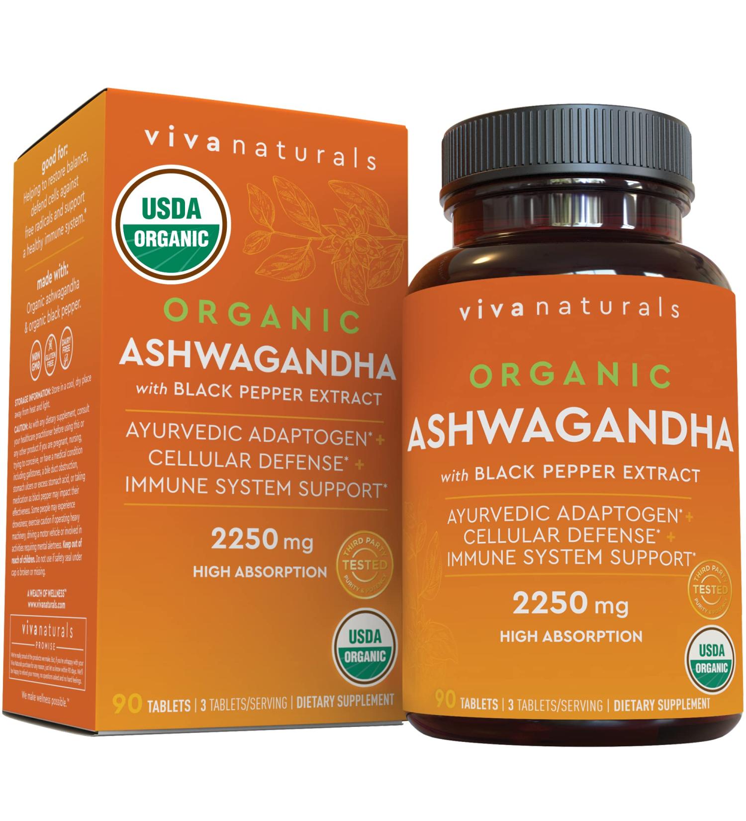 Organic Ashwagandha Supplement with Black Pepper - 2250mg Root Powder, Antioxidant & Immune Support - 90 Tablets - Buy Online on GoSupps.com
