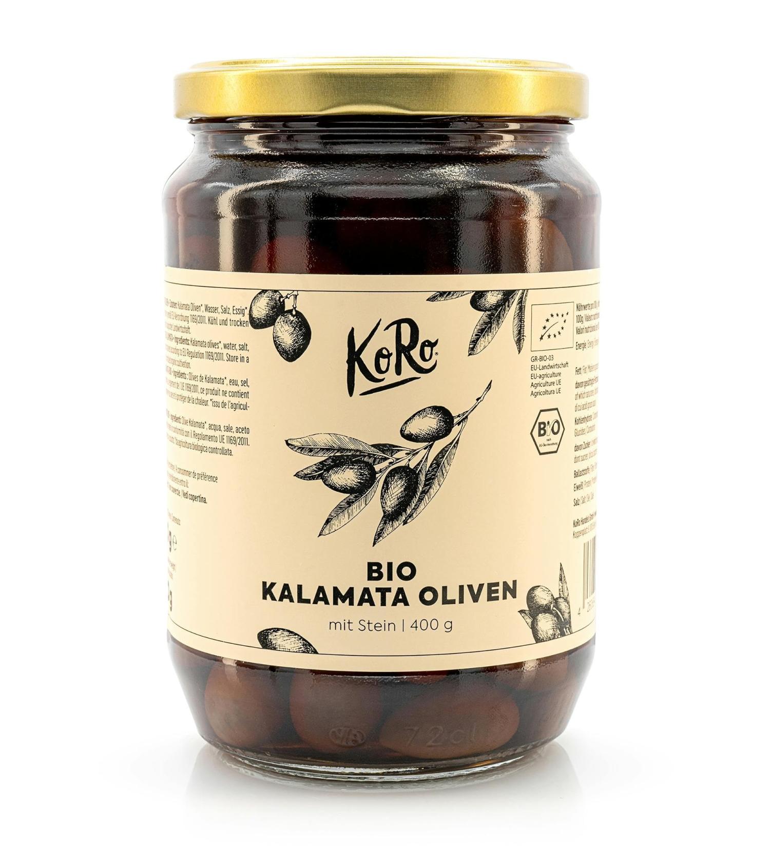 KoRo - Organic Kalamata Olives with pit 400 g - unique aroma - natural olives in brine - Buy Online on GoSupps.com