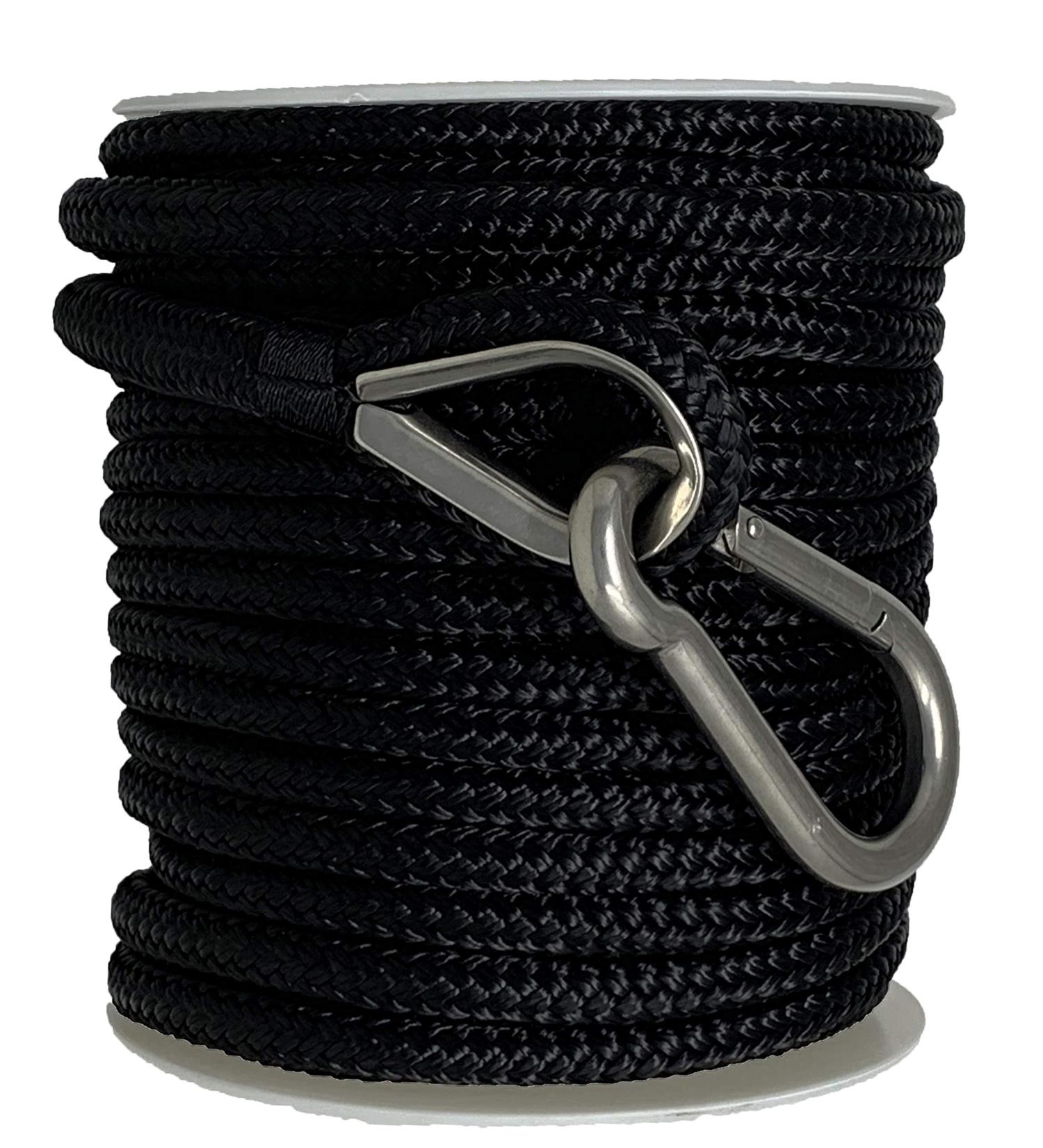 Rainier Supply Co. 100ft x 3/8 inch Boat Anchor Line | Double Braided Nylon Rope with 316SS Thimble and Snap Hook | Heavy Duty Marine Grade | Black - Buy Online on GoSupps.com