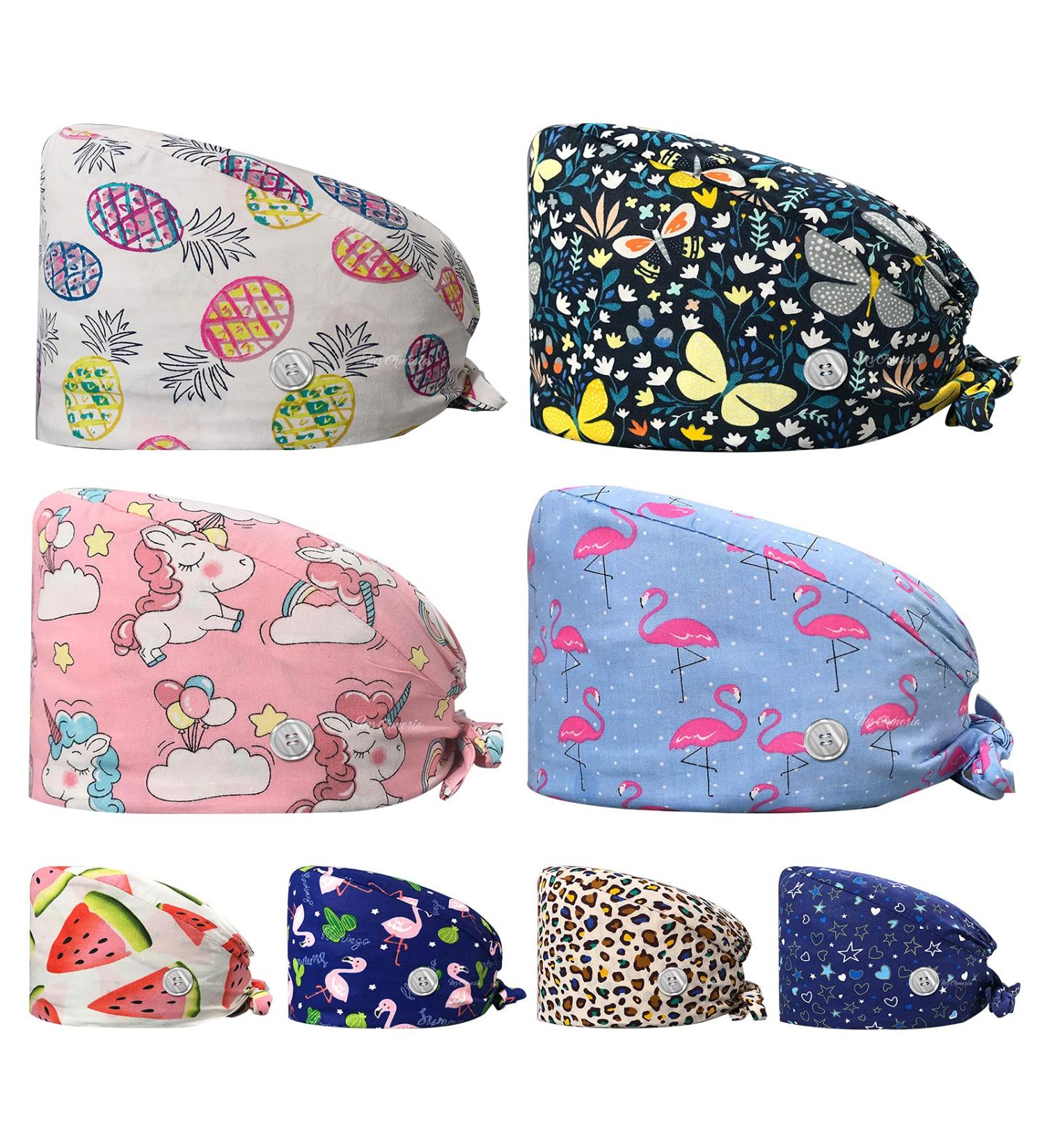 VIAOLI Adjustable Turban Cap with Buttons - Cute Printed Beauty Spa Hat for Pet Shop Uniform - Pack of 8 - Buy Online on GoSupps.com